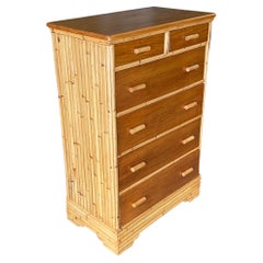 Restored Stacked Rattan Highboy Dresser with Mahogany Top by Kane Kraft