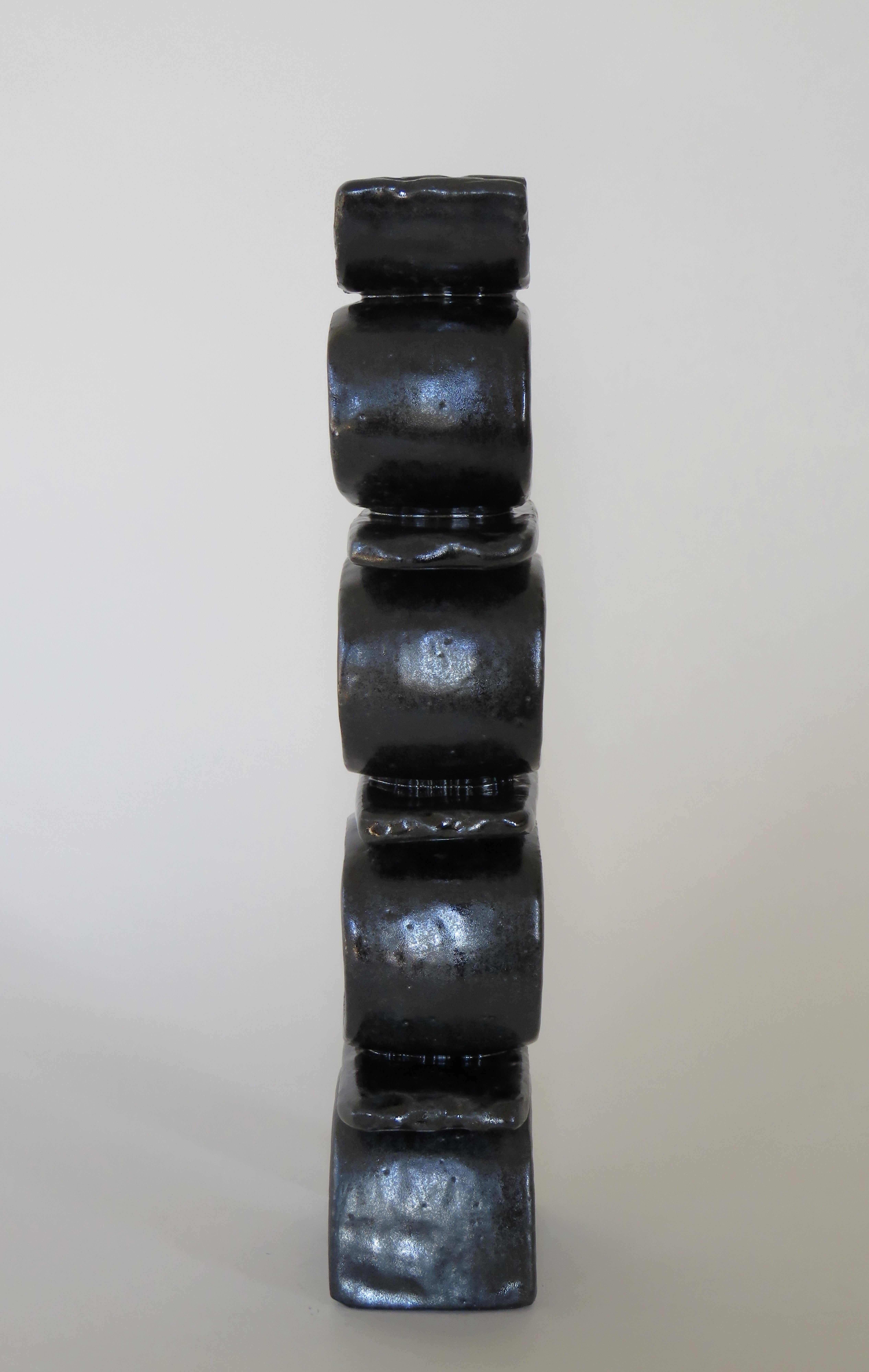 Stacked Rings and Bars, Handbuilt Shiny Black Totemic Ceramic Sculpture 3