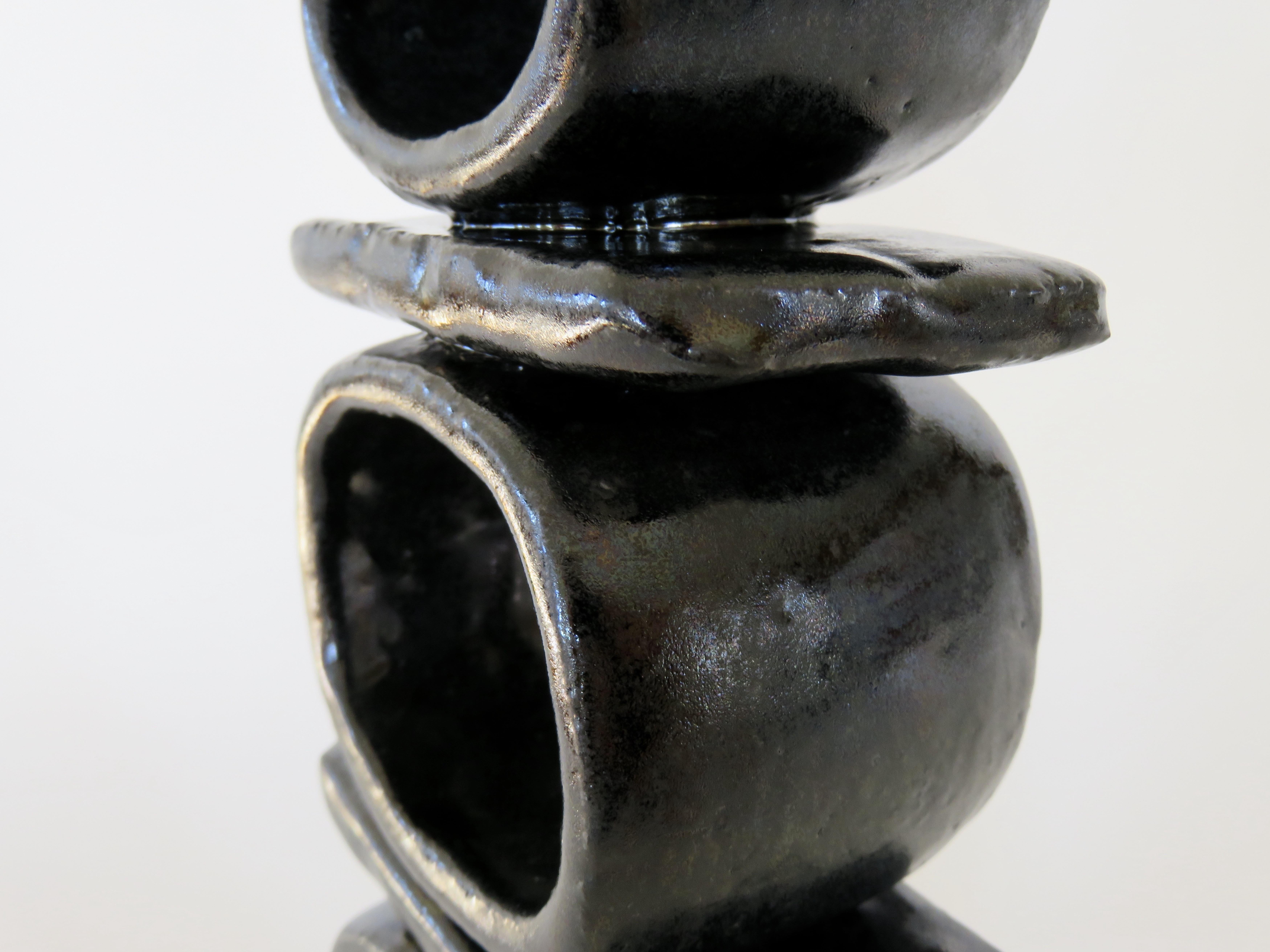 Glazed Stacked Rings and Bars, Handbuilt Shiny Black Totemic Ceramic Sculpture