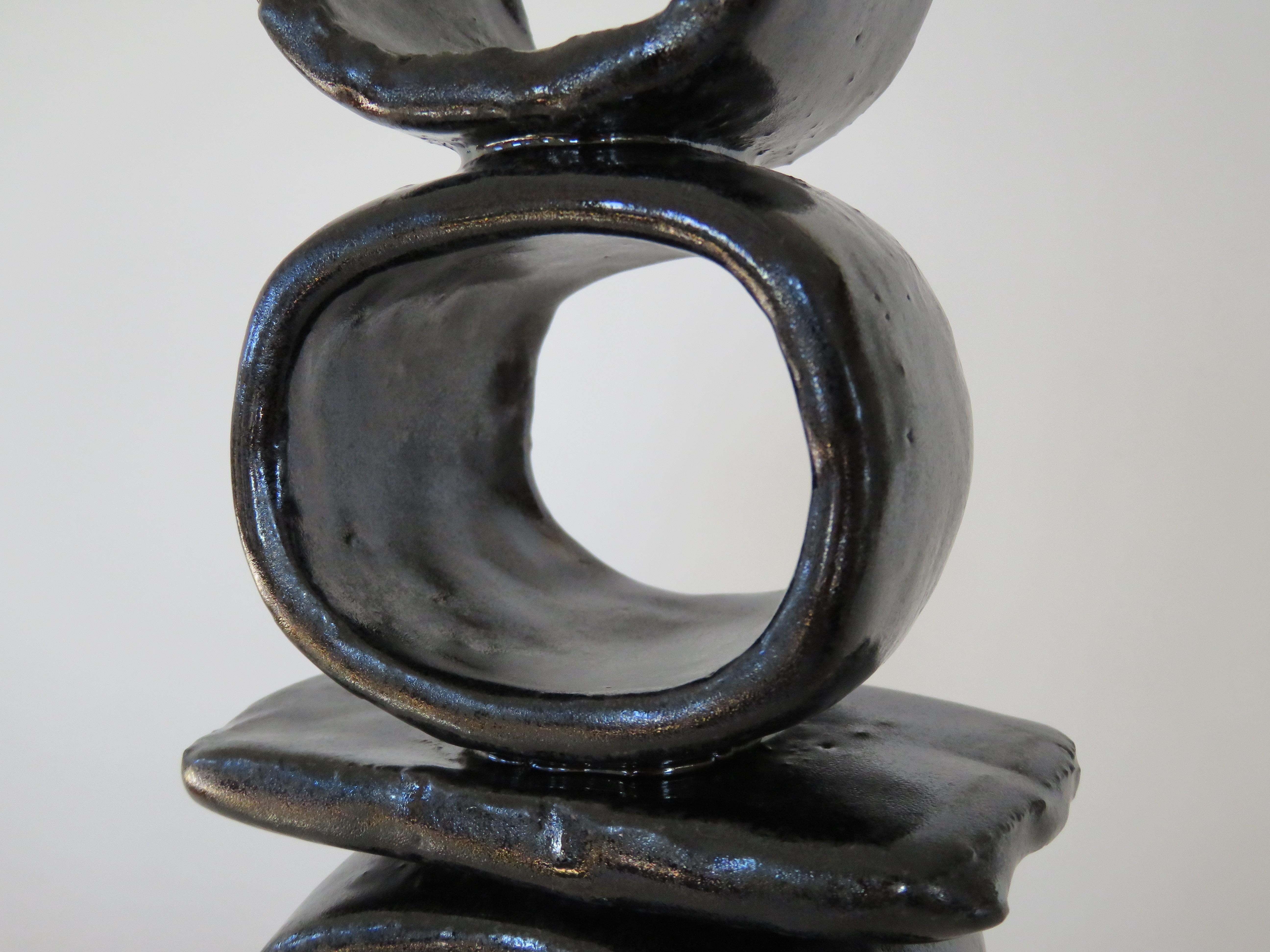 Contemporary Stacked Rings and Bars, Handbuilt Shiny Black Totemic Ceramic Sculpture