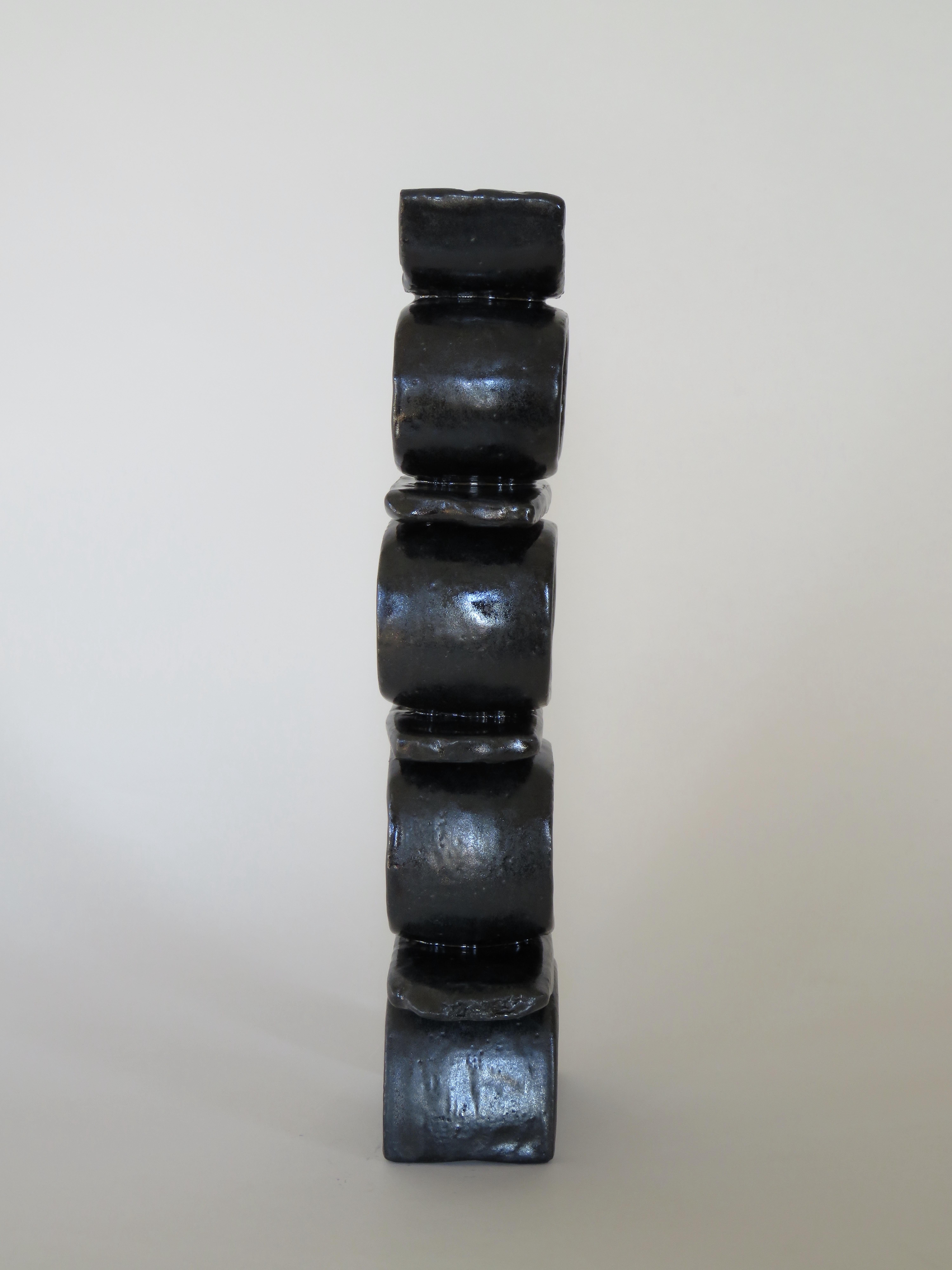 Stacked Rings and Bars, Handbuilt Shiny Black Totemic Ceramic Sculpture 1