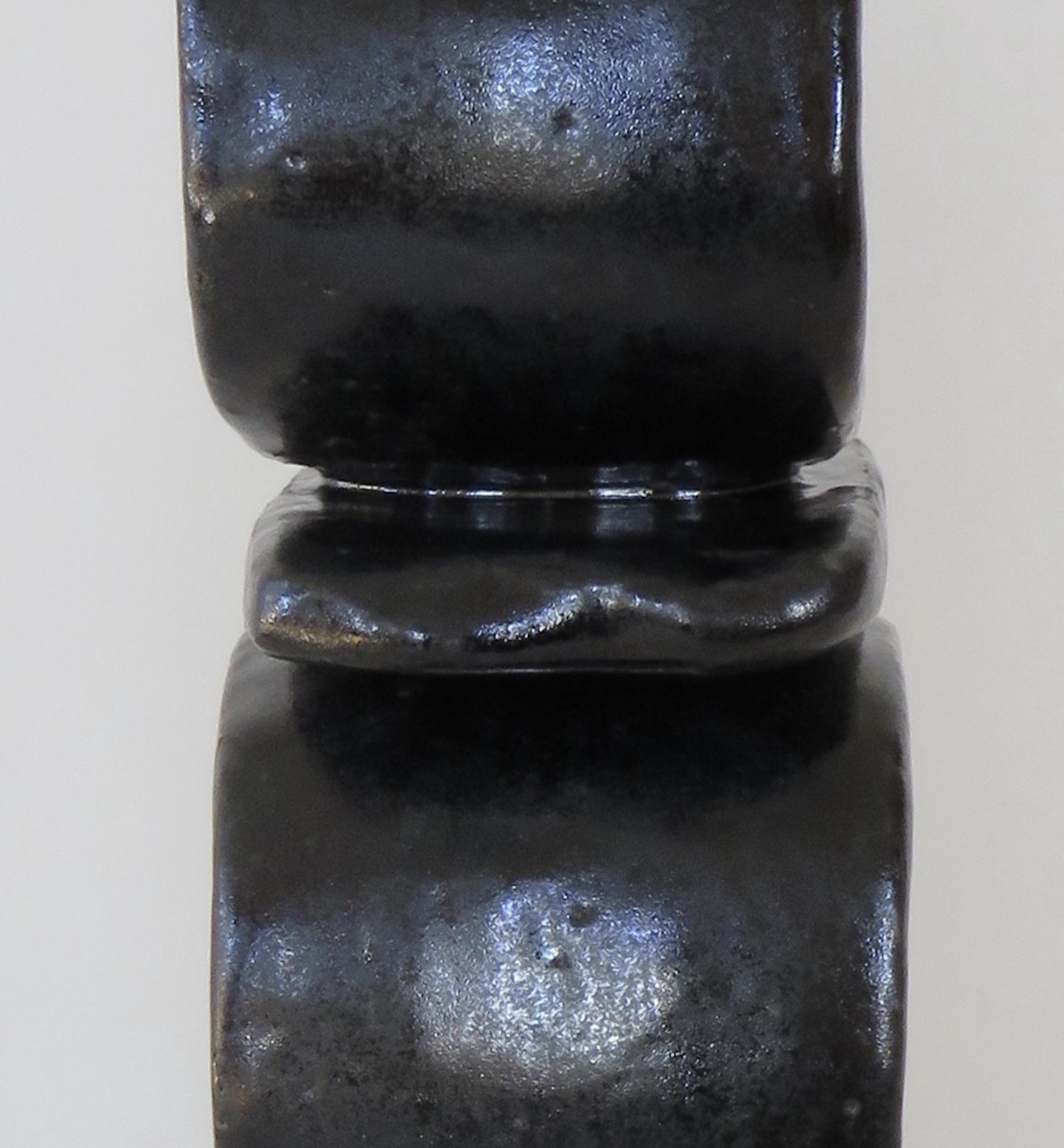 Stacked Rings and Bars, Handbuilt Shiny Black Totemic Ceramic Sculpture 2