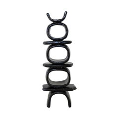 Stacked Rings and Bars, Handbuilt Shiny Black Totemic Ceramic Sculpture