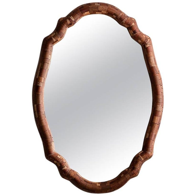 These mirror’s STACKED Scalloped Frames are hand-built custom per your specifications. Scalloped like this one, oval, rectangular, something asymmetrical, horizontal or vertical, larger or smaller, or whatever you may need, these frames are