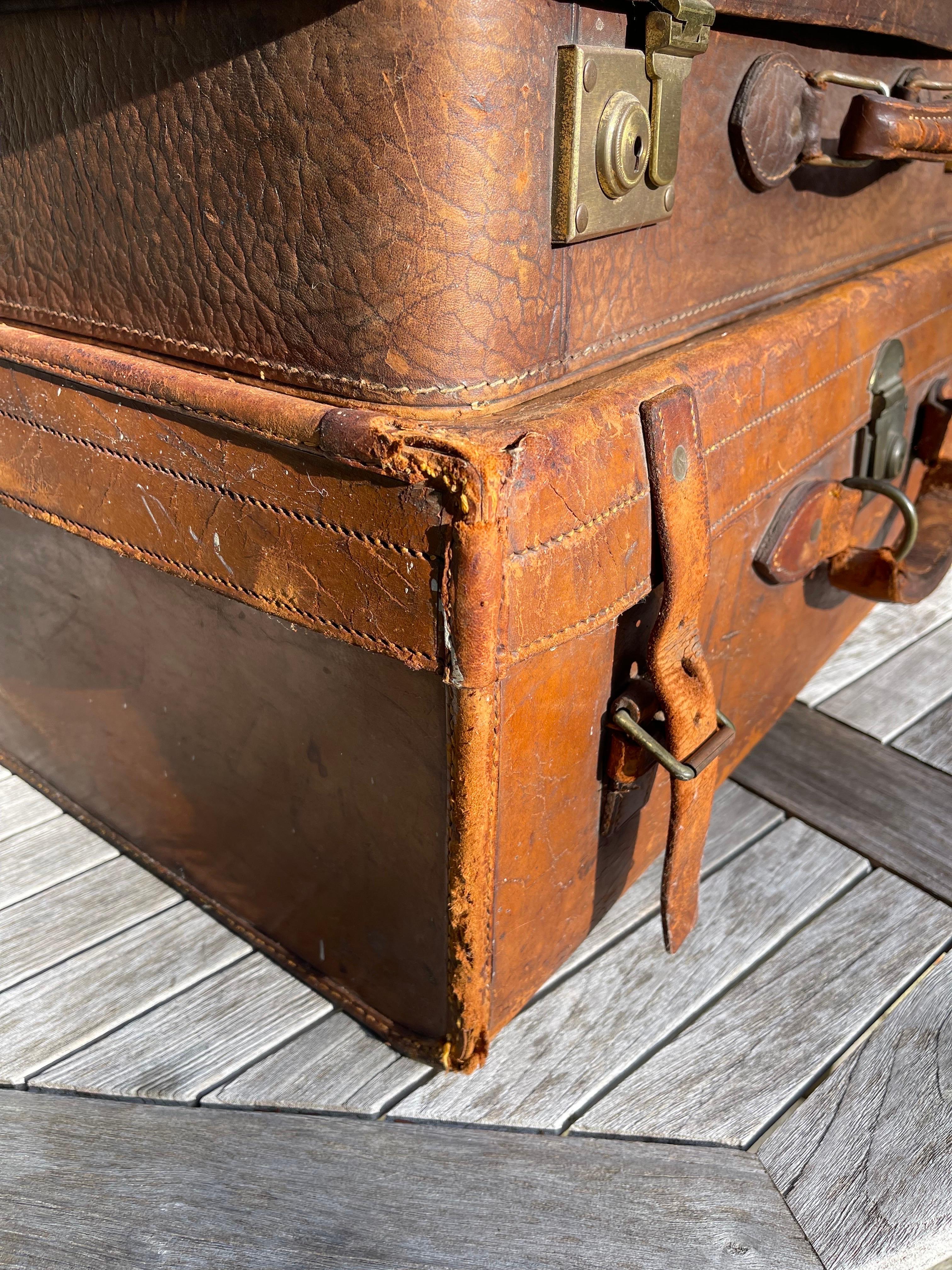 Stacked Set of Five Antique Leather Suitcases or Trunks For Sale 2