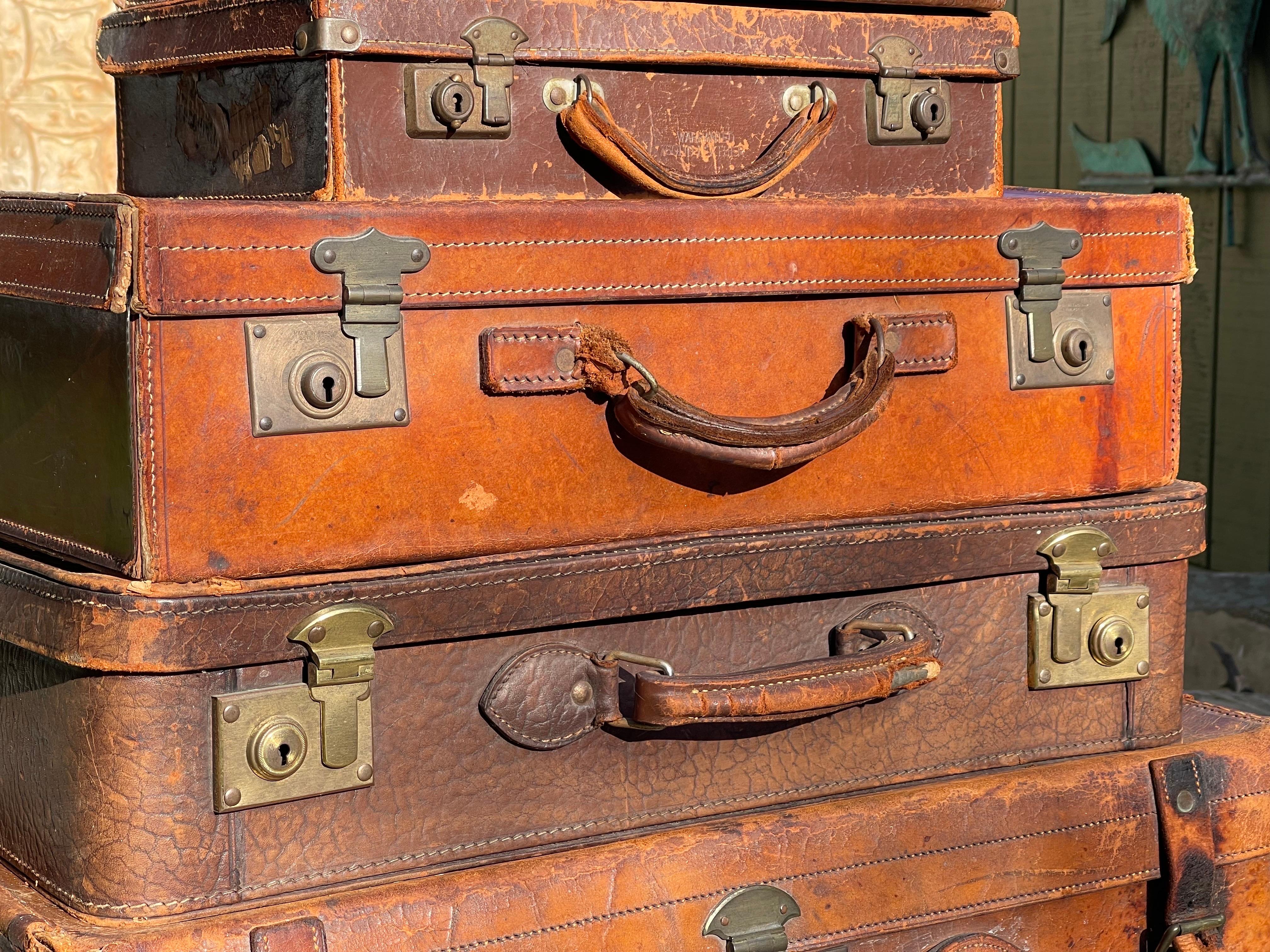 Stacked Set of Five Antique Leather Suitcases or Trunks For Sale 3