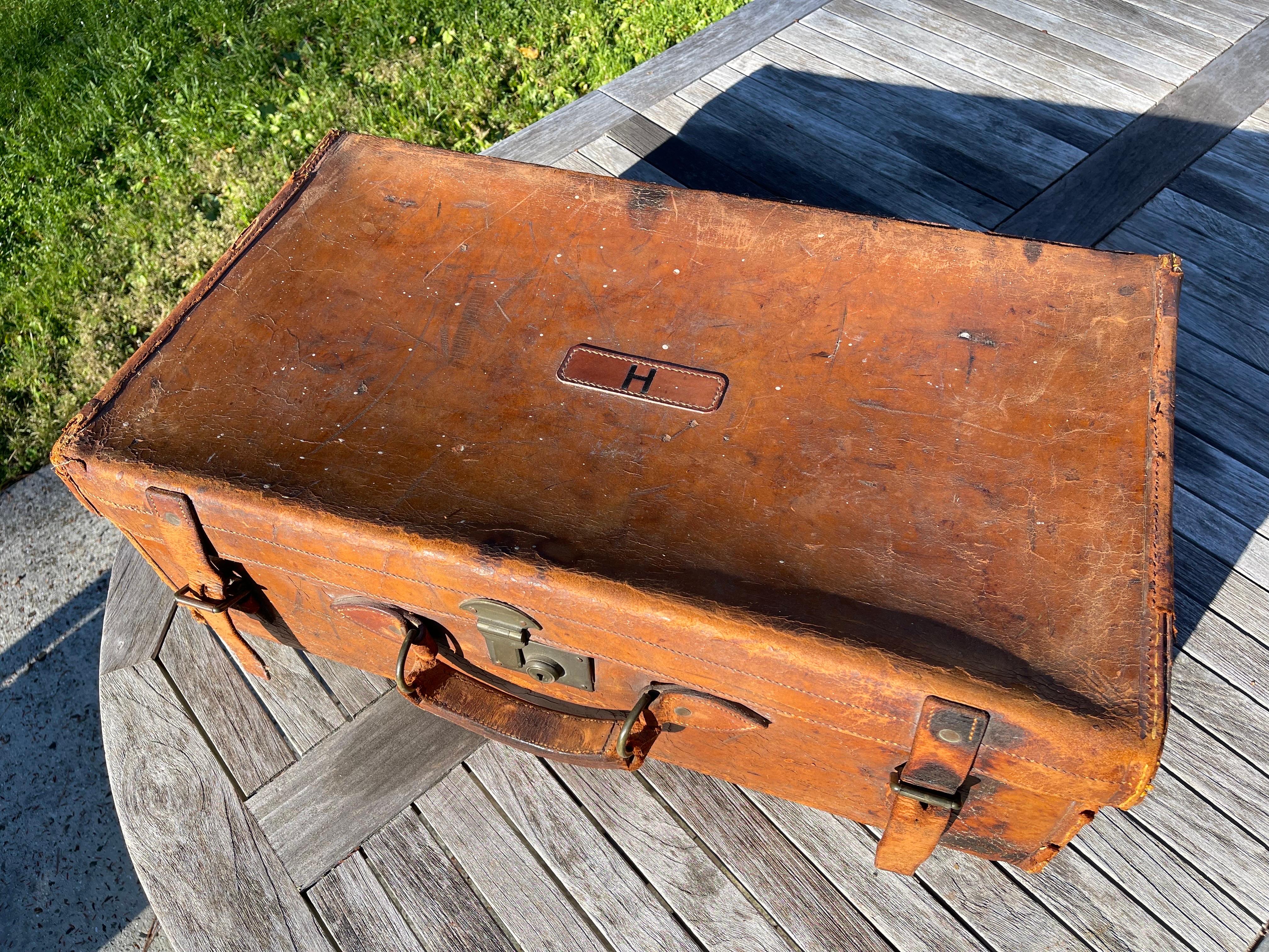 Stacked Set of Five Antique Leather Suitcases or Trunks For Sale 6