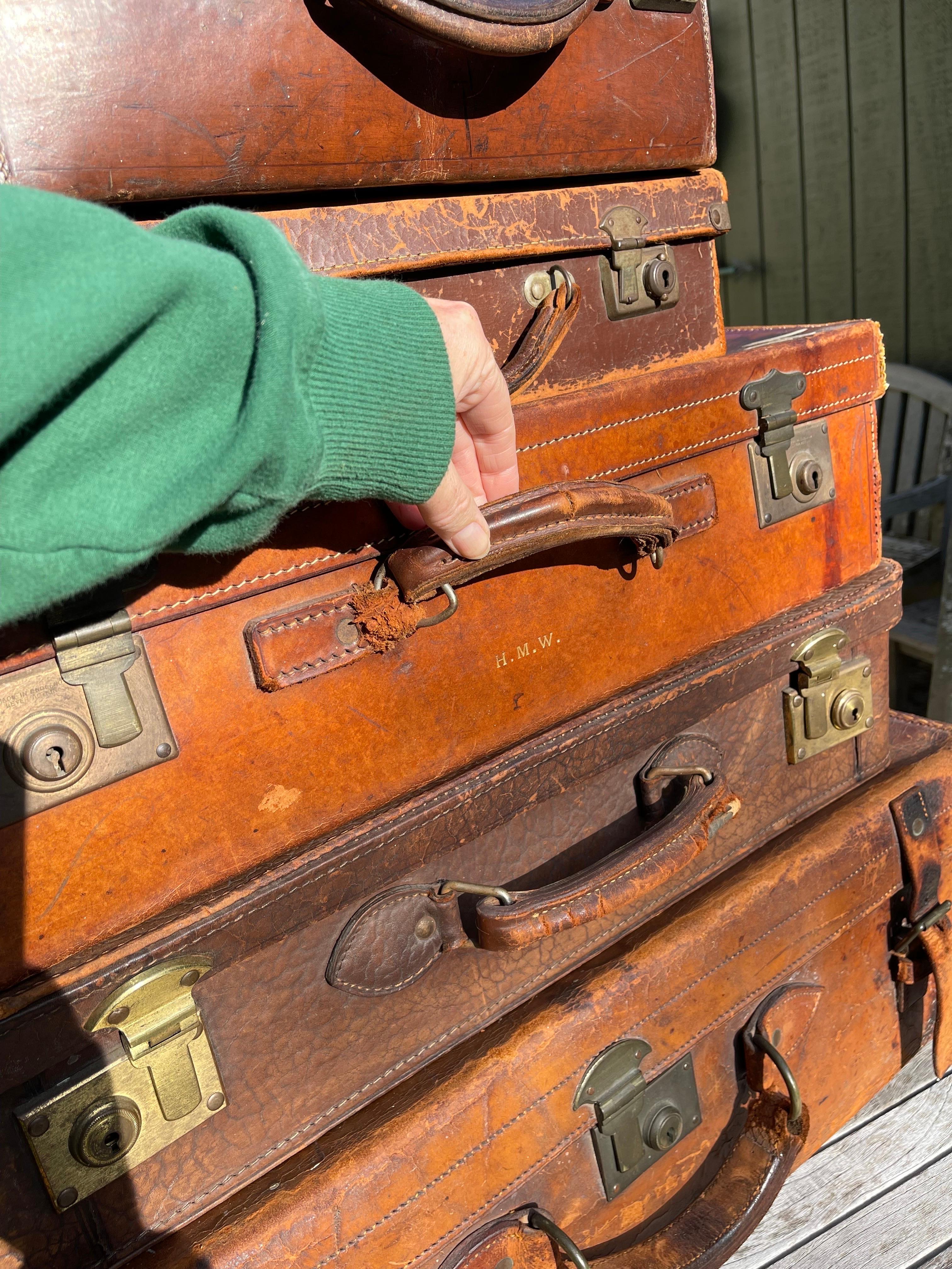 Stacked Set of Five Antique Leather Suitcases or Trunks For Sale 7