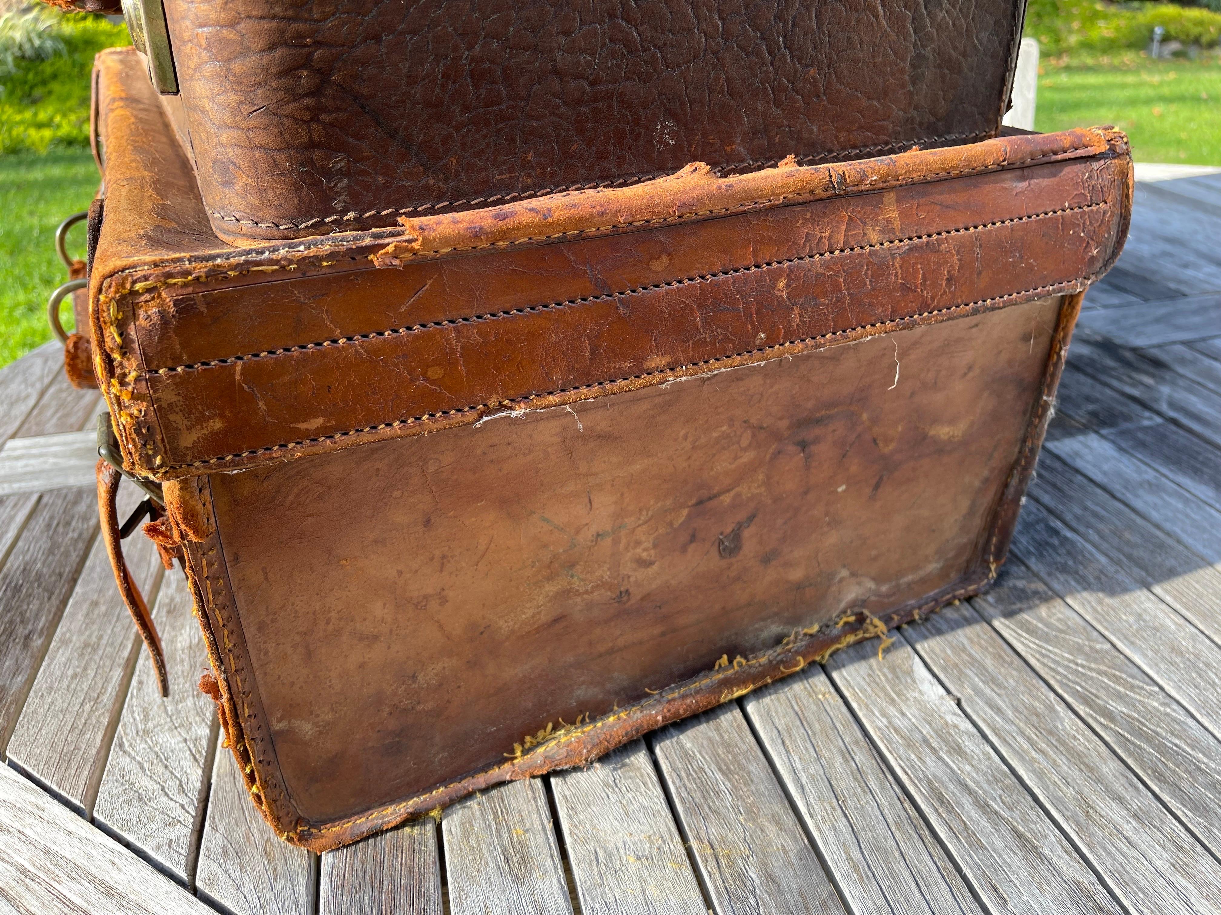 Metal Stacked Set of Five Antique Leather Suitcases or Trunks For Sale