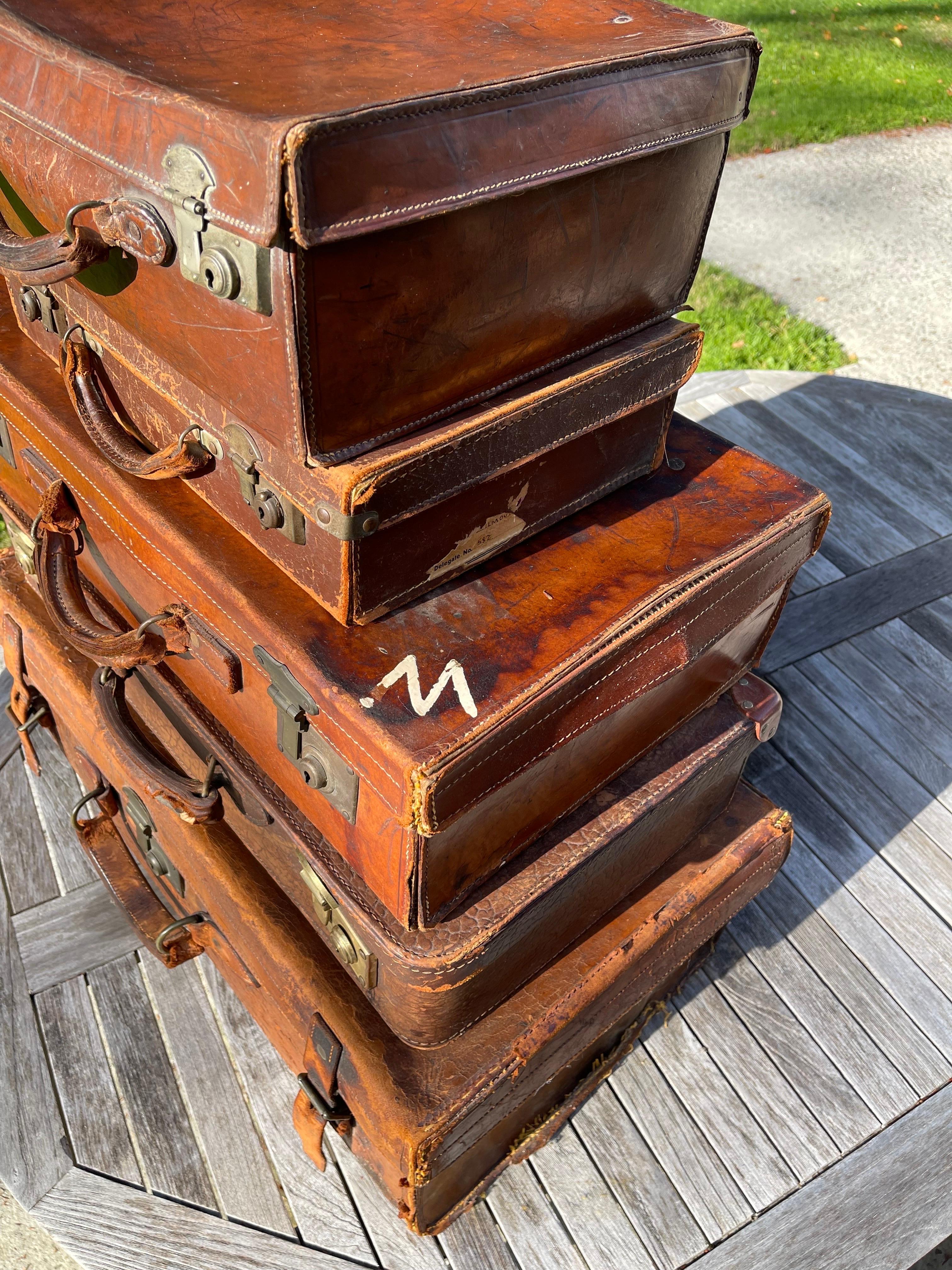 19th Century Stacked Set of Five Antique Leather Suitcases or Trunks For Sale