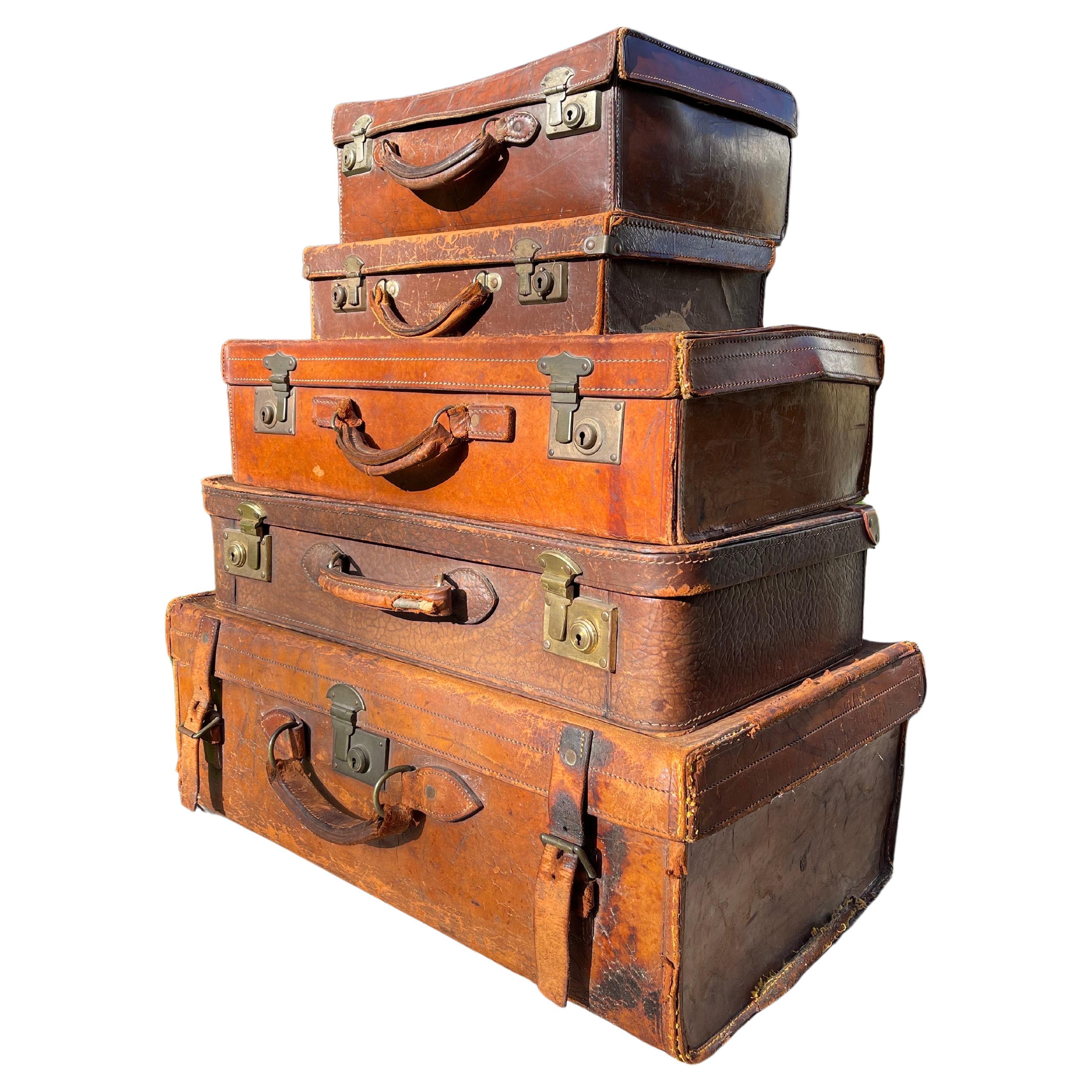 Stacked Set of Five Antique Leather Suitcases or Trunks For Sale 10