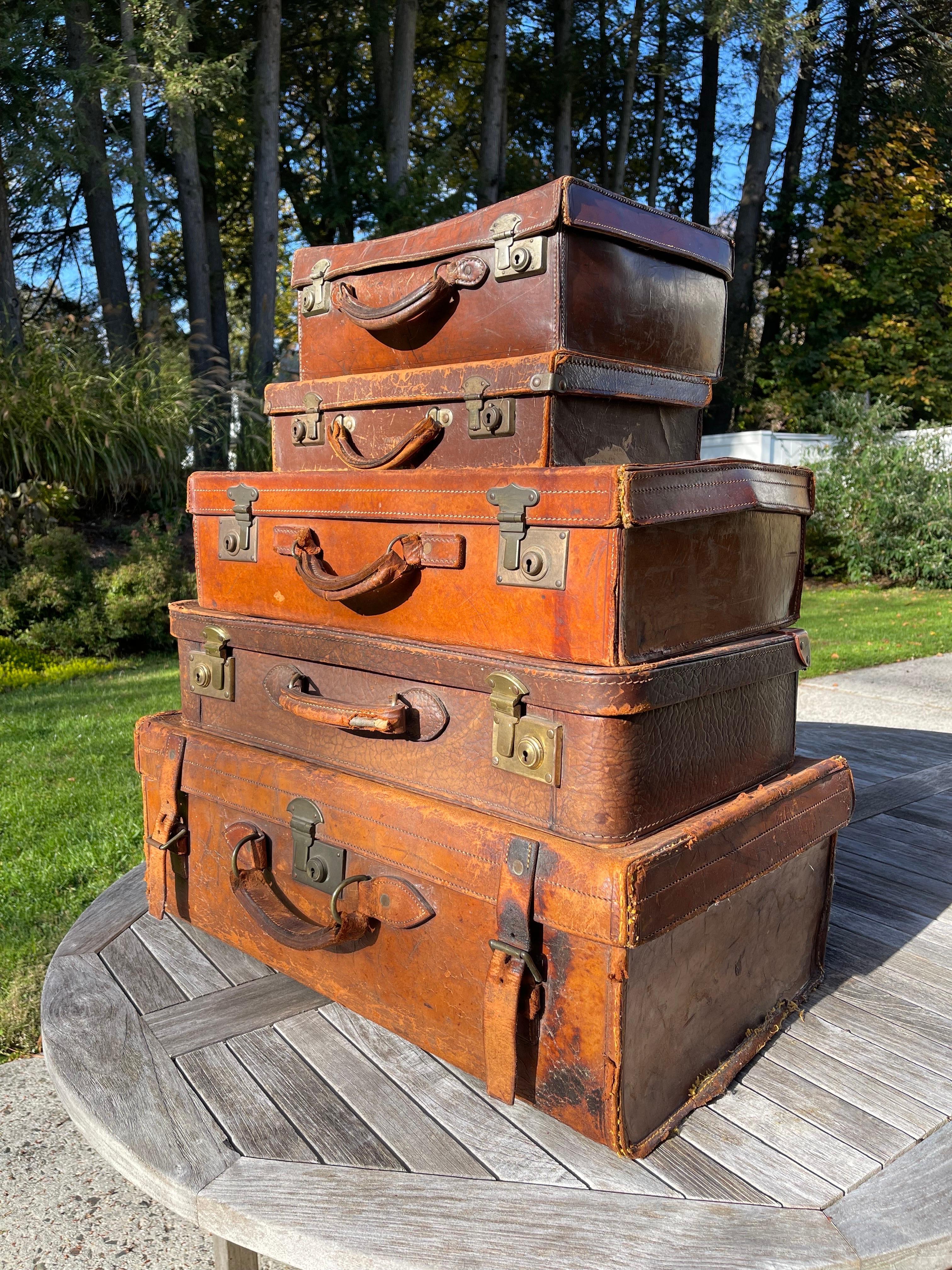 Stacked Set of Five Antique Leather Suitcases or Trunks For Sale 7