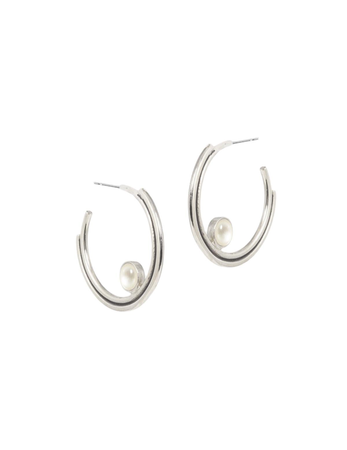 Cabochon Stacked Silver Mother of Pearl Hoop Earrings by Artifacts  For Sale