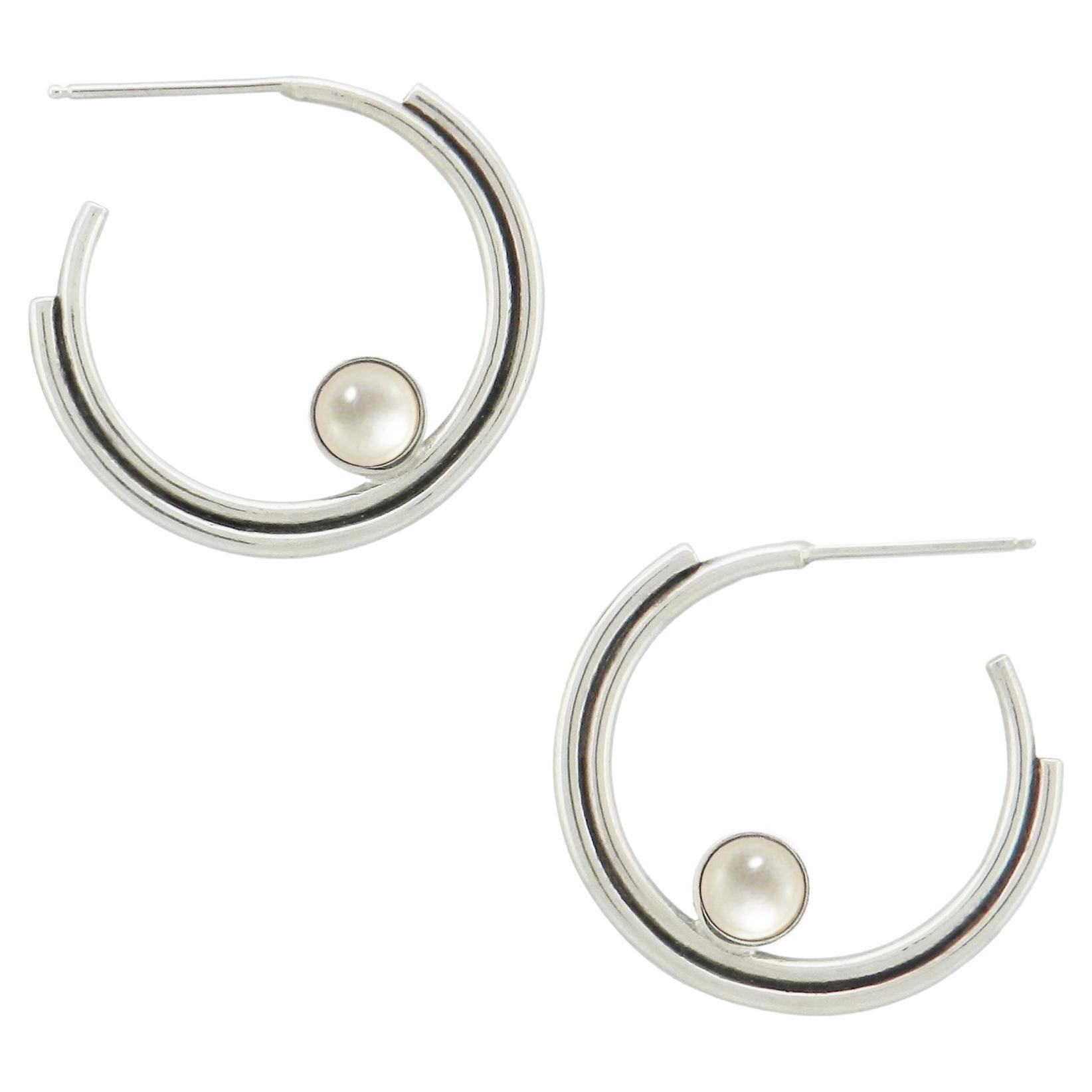Stacked Silver Mother of Pearl Hoop Earrings by Artifacts  For Sale