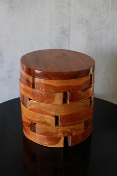 Stacked Teak Wood Block Round Pedestal Stool Bench