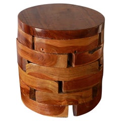 Stacked Teak Wood Block Round Pedestal Stool Bench