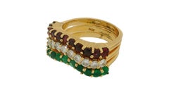 Stacked Three Curved Rings Ruby, Emerald & Diamond in 14K Yellow Gold