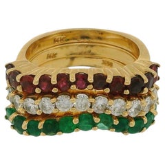 Stacked Three Curved Rings Ruby, Emerald & Diamond in 14K Yellow Gold