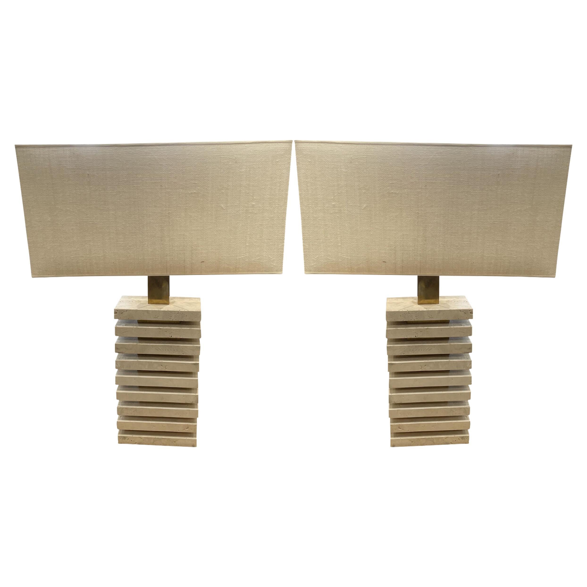 Stacked Travertine Rectangular Pair of Table Lamps, France, Contemporary