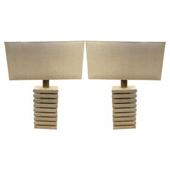 Stacked Travertine Rectangular Pair of Table Lamps, France, Contemporary