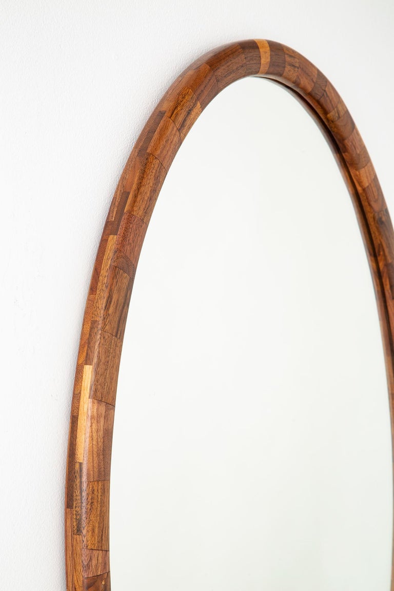 Modern Customizable STACKED Wooden Oval Mirror by Richard Haining, shown in Walnut For Sale