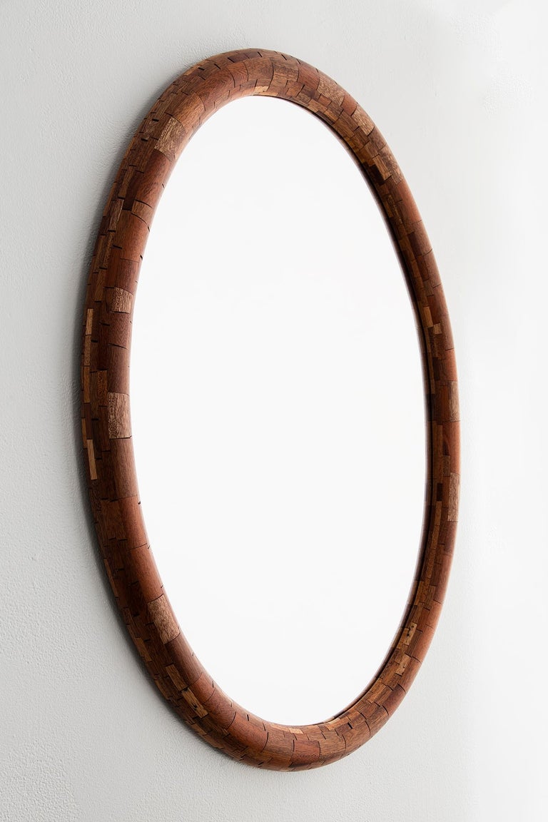 Ceramic Customizable STACKED Wooden Oval Mirror by Richard Haining, shown in Walnut For Sale