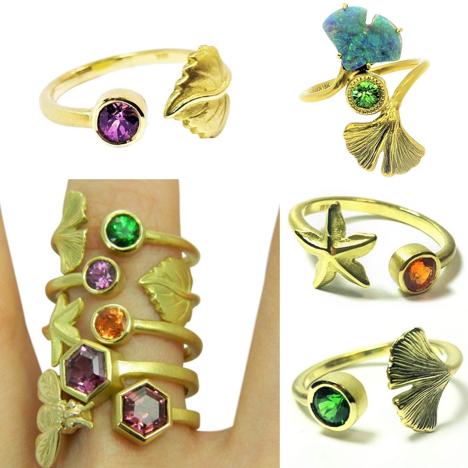 Artisan Stackette 18K Gold Gemstone Ring Collection highlighting the Aspen Leaf Style For Sale