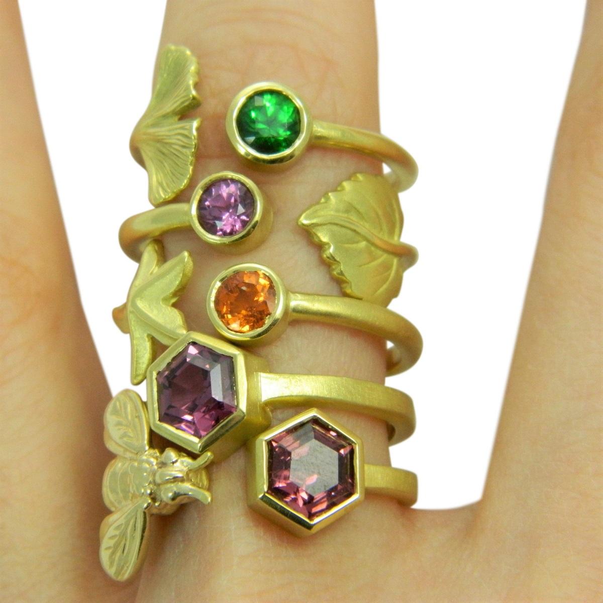 Round Cut Stackette 18K Gold Gemstone Ring Collection highlighting the Aspen Leaf Style For Sale