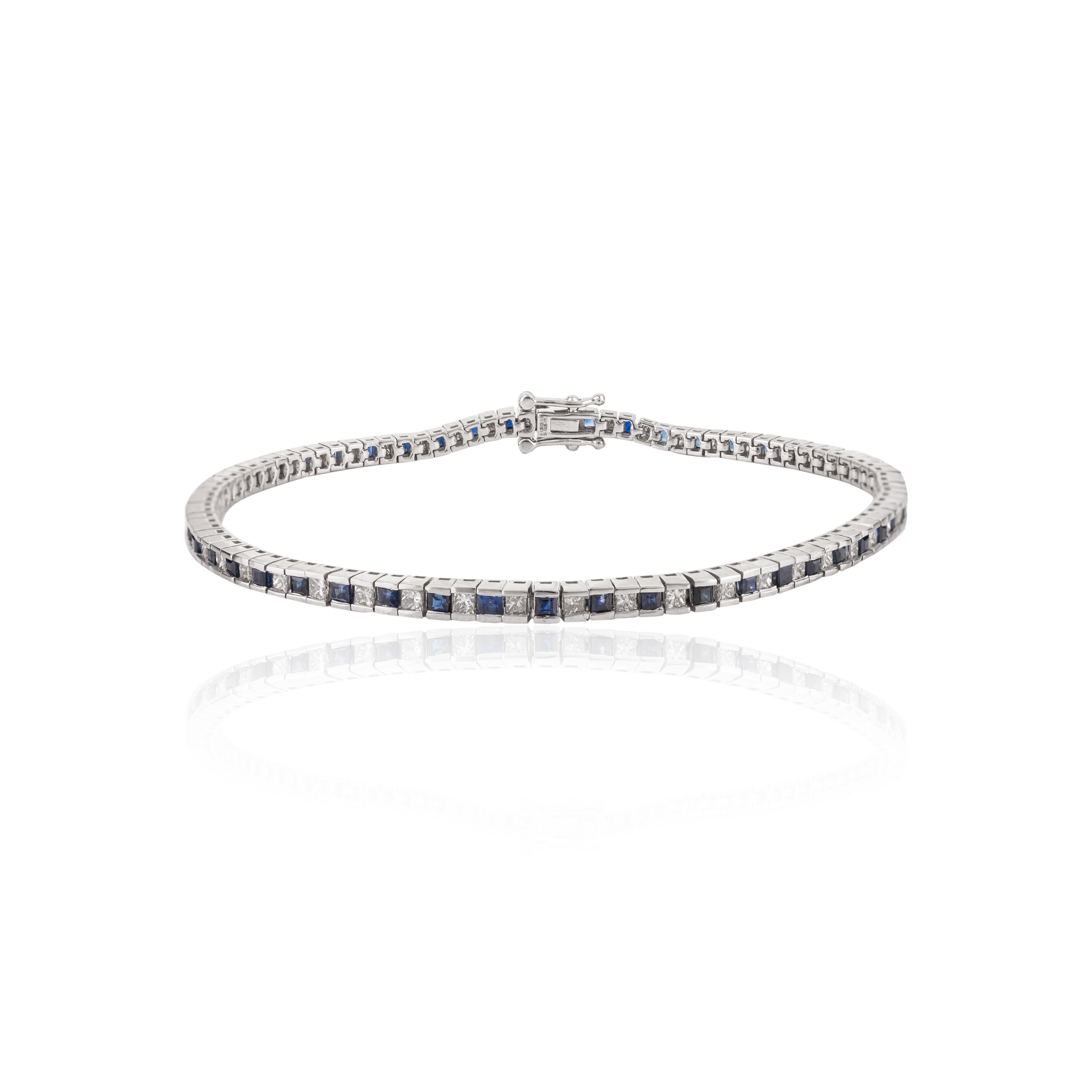 Women's Stacking Alternate Blue Sapphire Diamond Tennis Bracelet in 18k White Gold For Sale