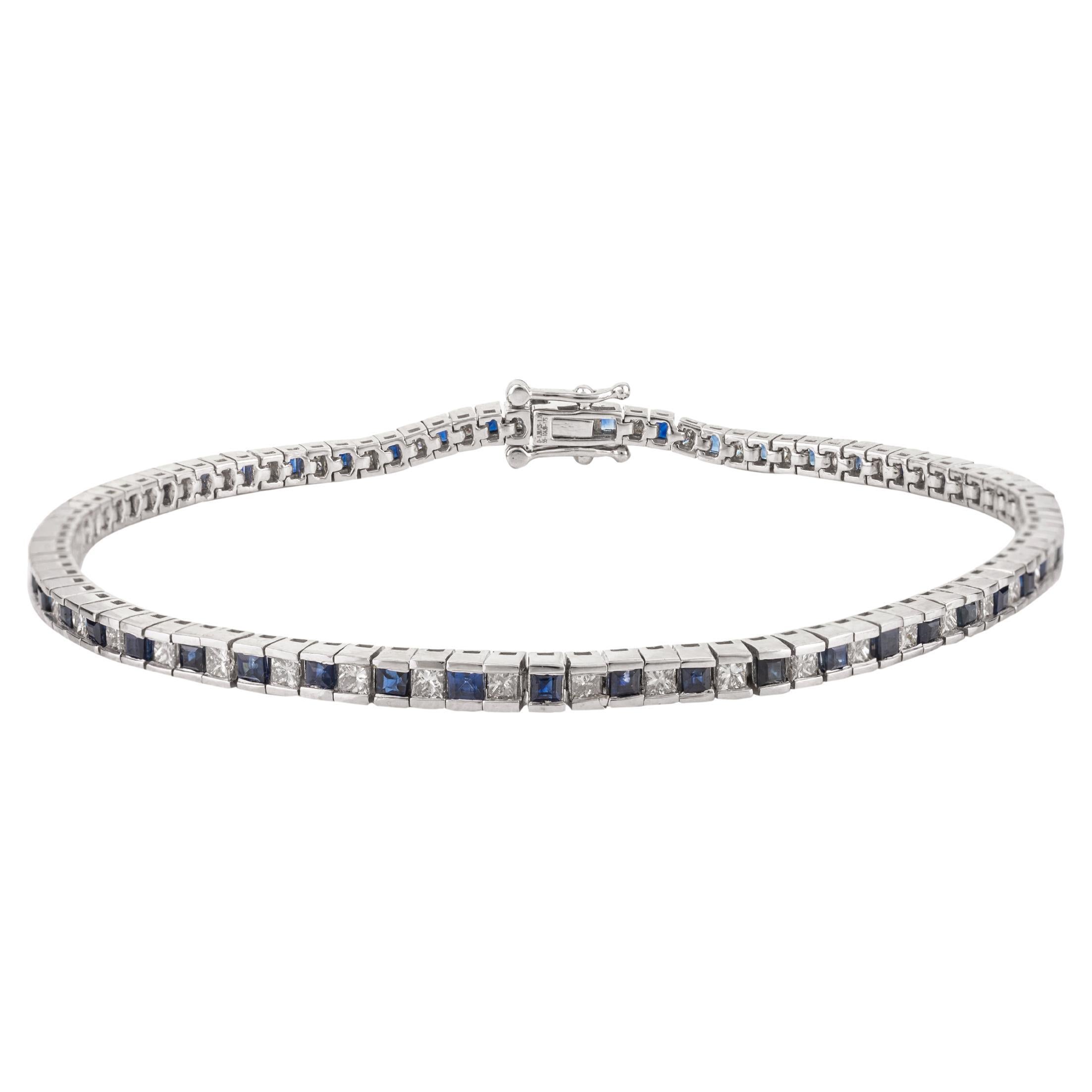 Stacking Alternate Blue Sapphire Diamond Tennis Bracelet in 18k White Gold For Sale