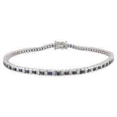 Stacking Alternate Blue Sapphire Diamond Tennis Bracelet in 18k White Gold