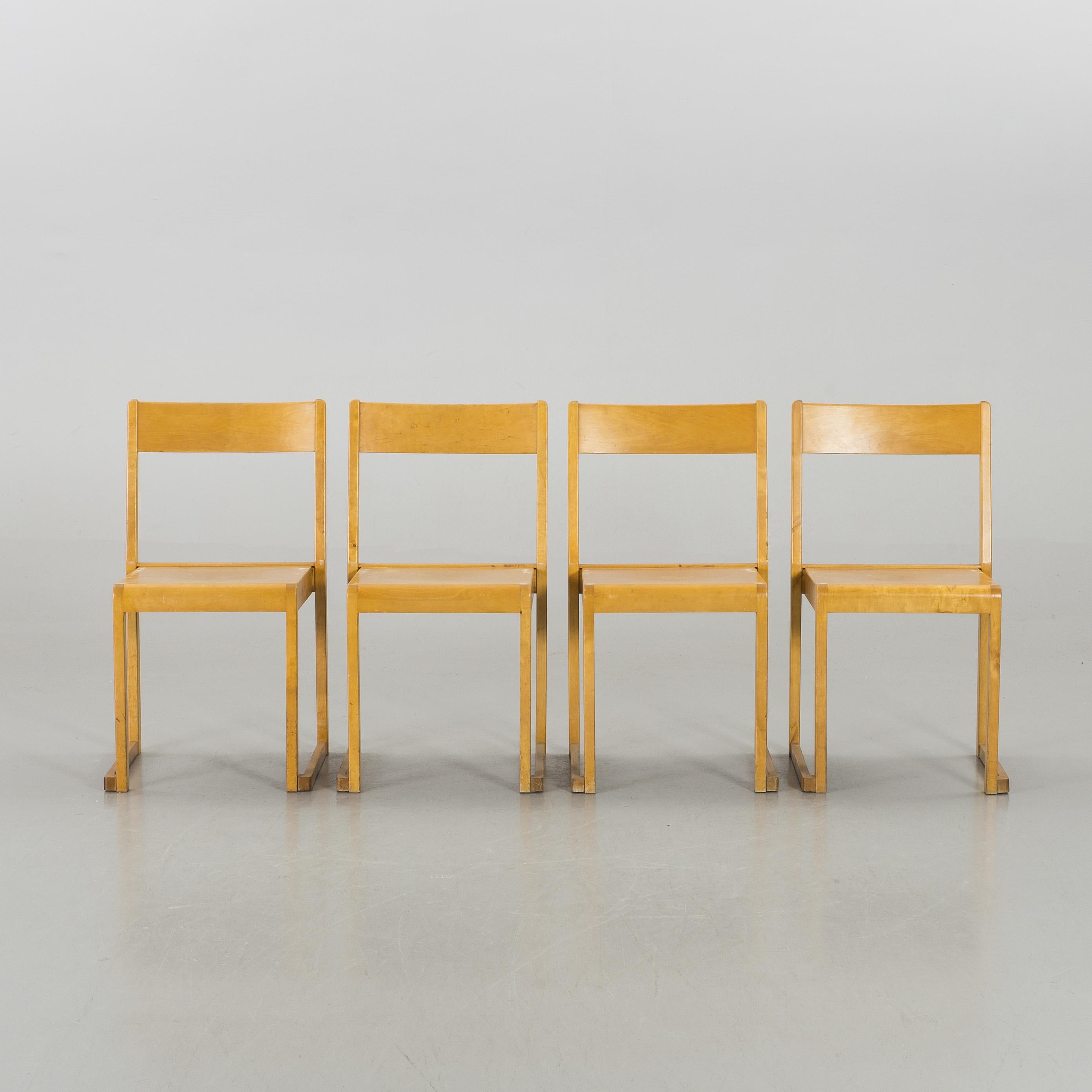 Set of 4 stacking dining chairs designed by the Swedish architect Sven Markelius for the Helsingborg theatre in 1932. Also called the 