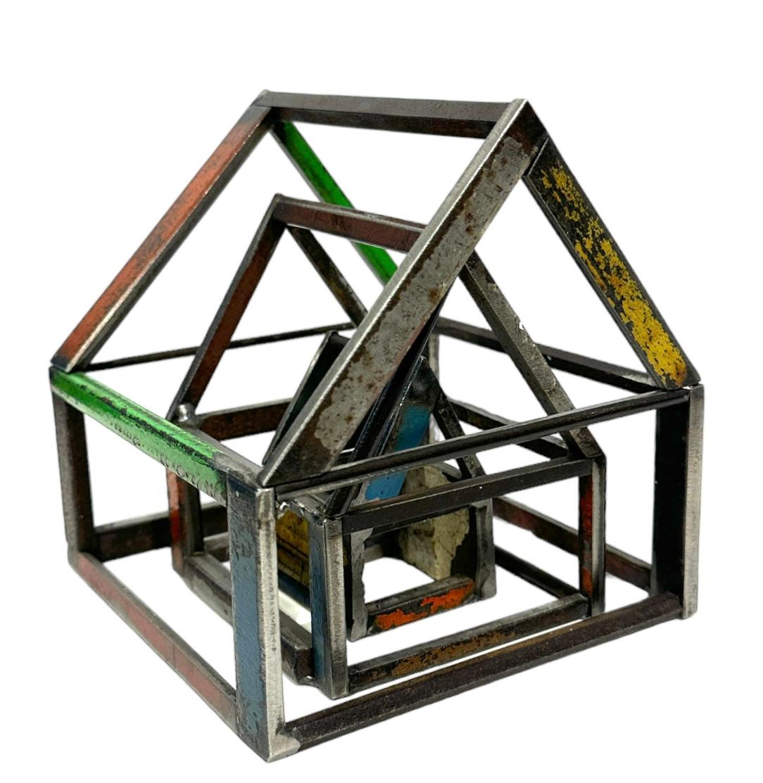 Folk Art Stacking House Structure, Welded Steel Decorative Object Made w/ Salvaged Steel