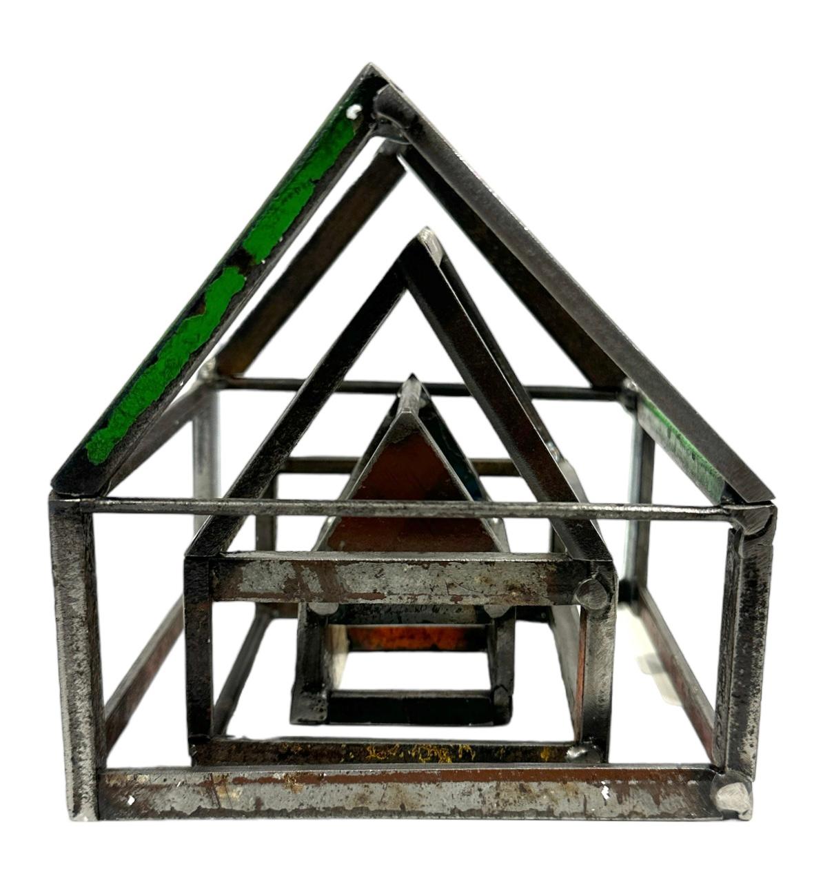 American Stacking House Structure, Welded Steel Decorative Object Made w/ Salvaged Steel