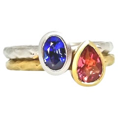 Stacking Rings Bezel Set of 2 Blue Sapphire Pink Tourmaline Hammered Matte Gold