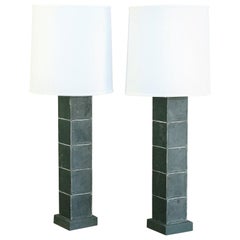 Vintage Green Wood Block Pair Custom Table Lamps. Unique, Graphic Design One-of-a-Kind