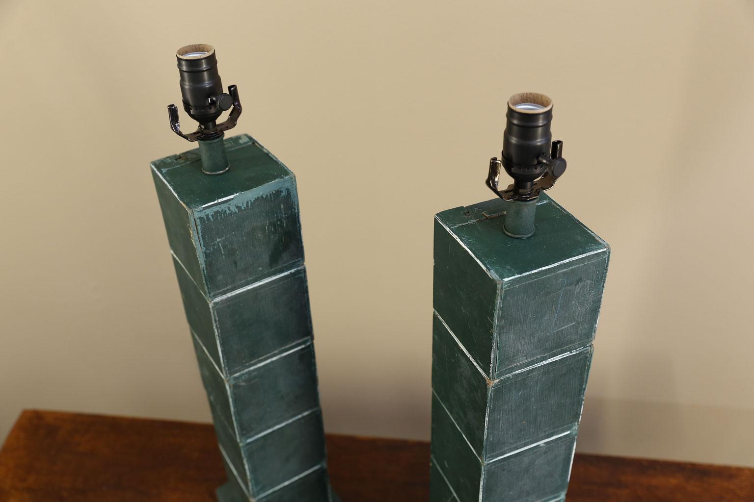 Green Wood Block Pair Custom Table Lamps. Unique, Graphic Design One-of-a-Kind For Sale 1