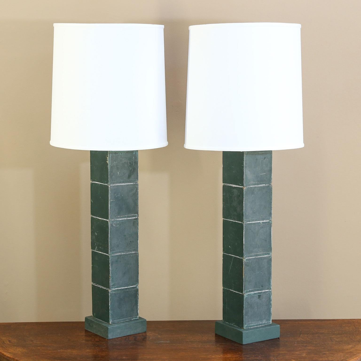 Green Wood Block Pair Custom Table Lamps. Unique, Graphic Design One-of-a-Kind In Good Condition For Sale In Houston, TX