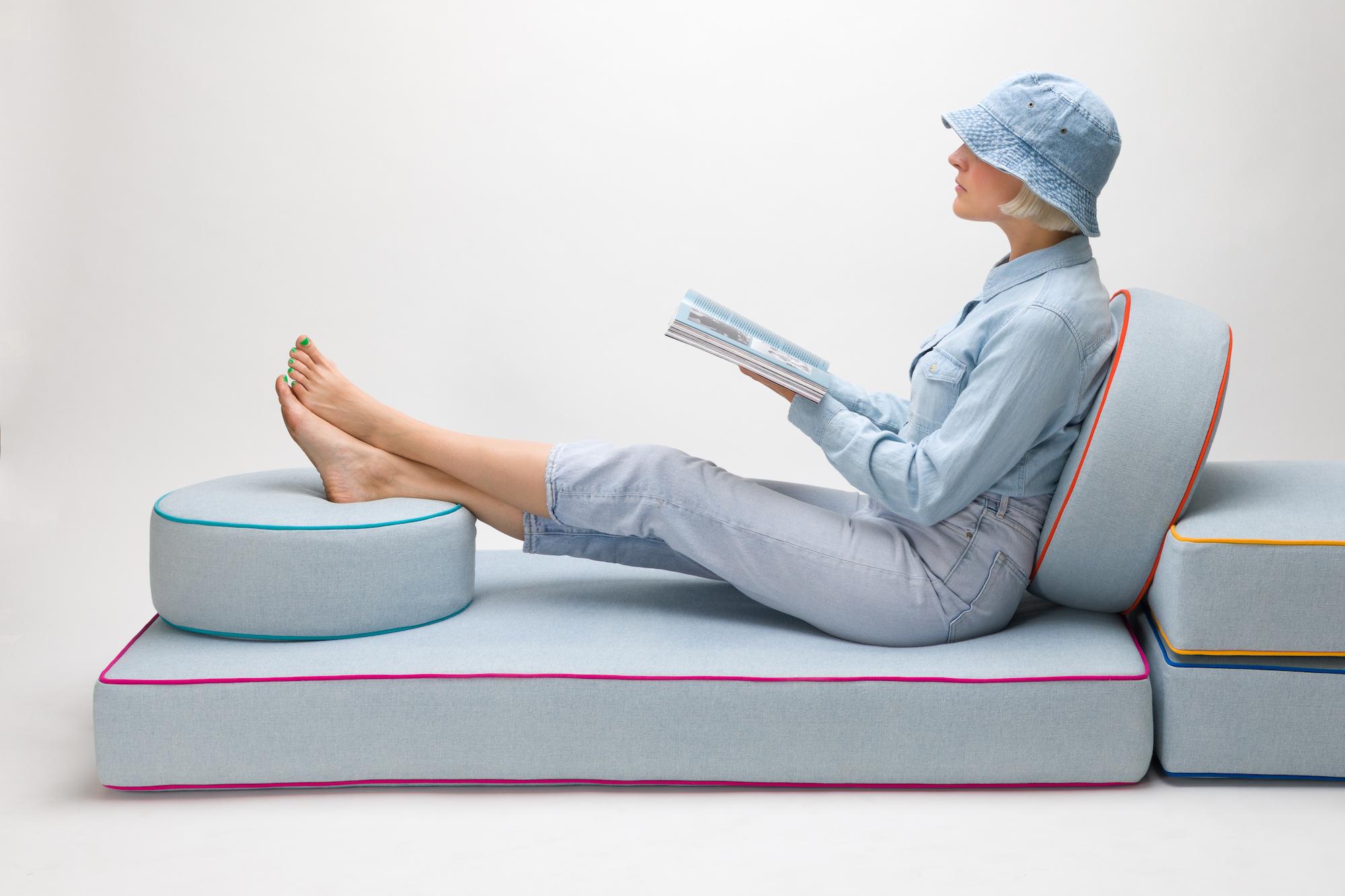 Post-Modern Stacks Bench by Another Human, Modern Upholstered Modular Bench, Denim For Sale