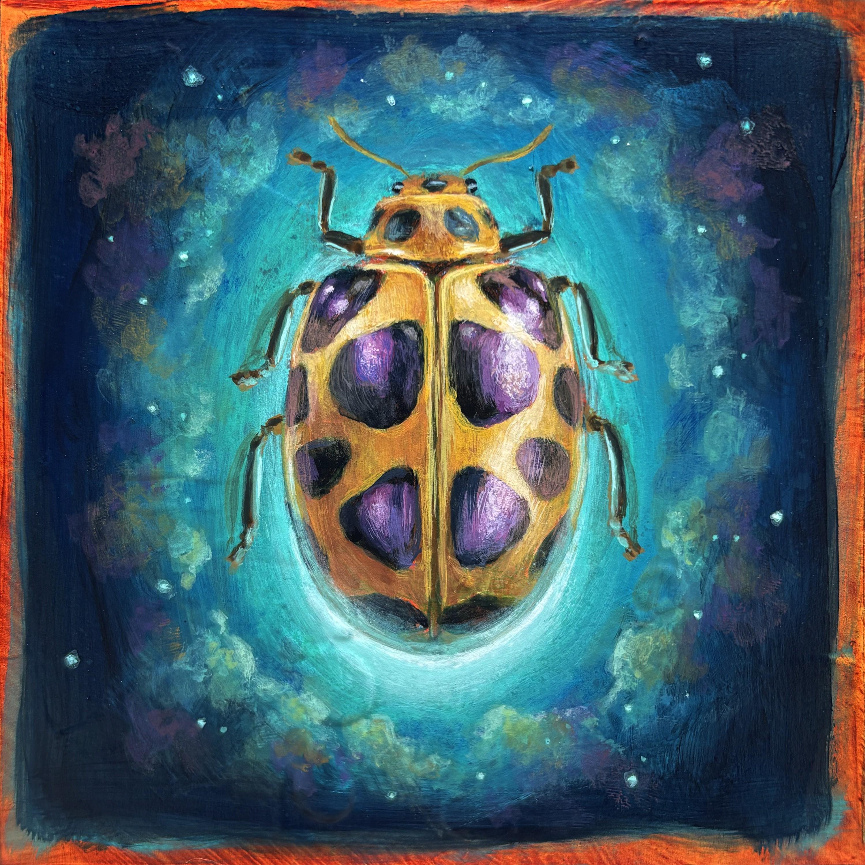 "Space Beetle 02" (2025), Abstraktes figuratives Acrylgemälde auf Holz