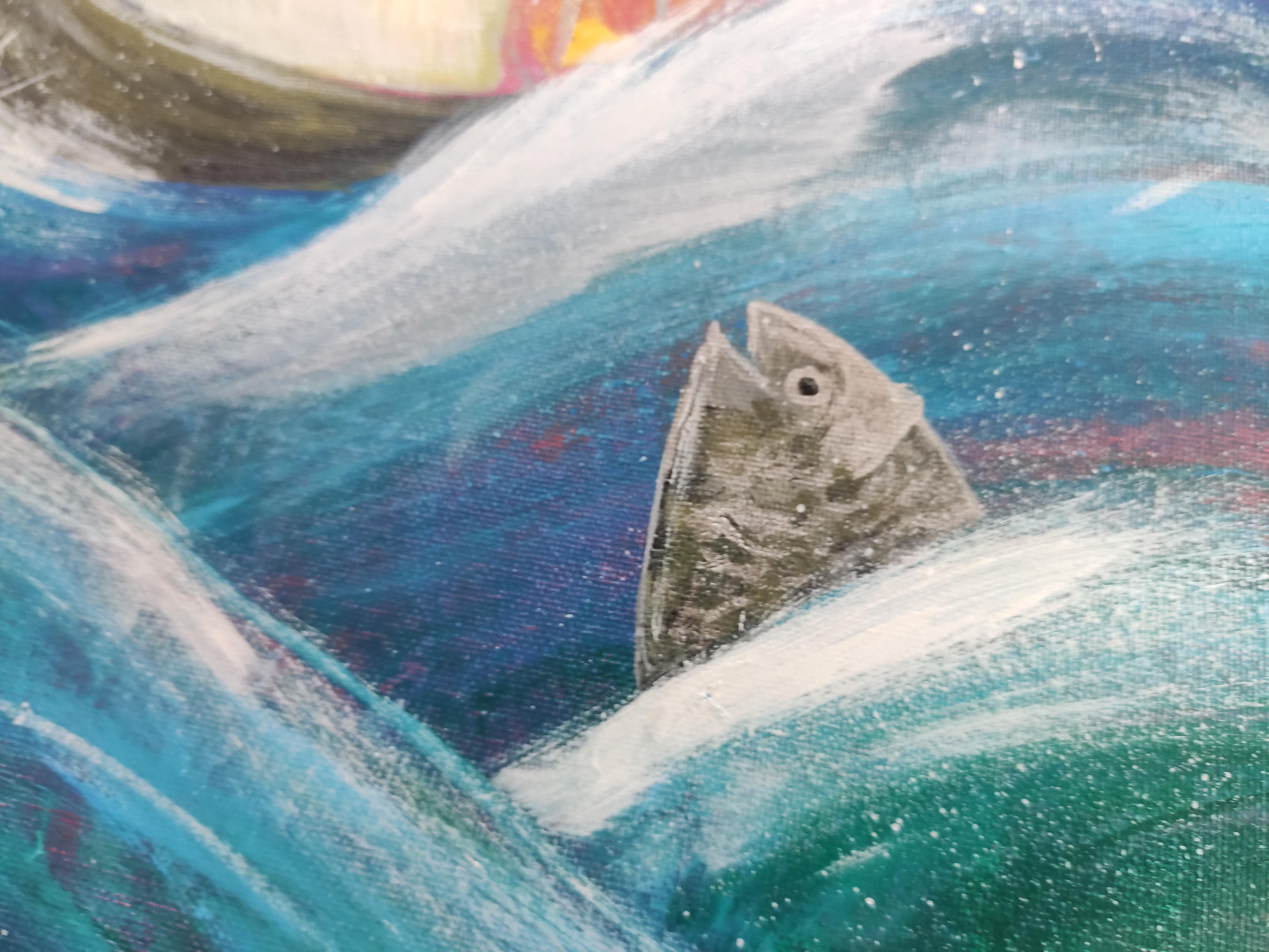 Sailing Ship and Fish. original painting - Gray Landscape Painting by Stacy Vo