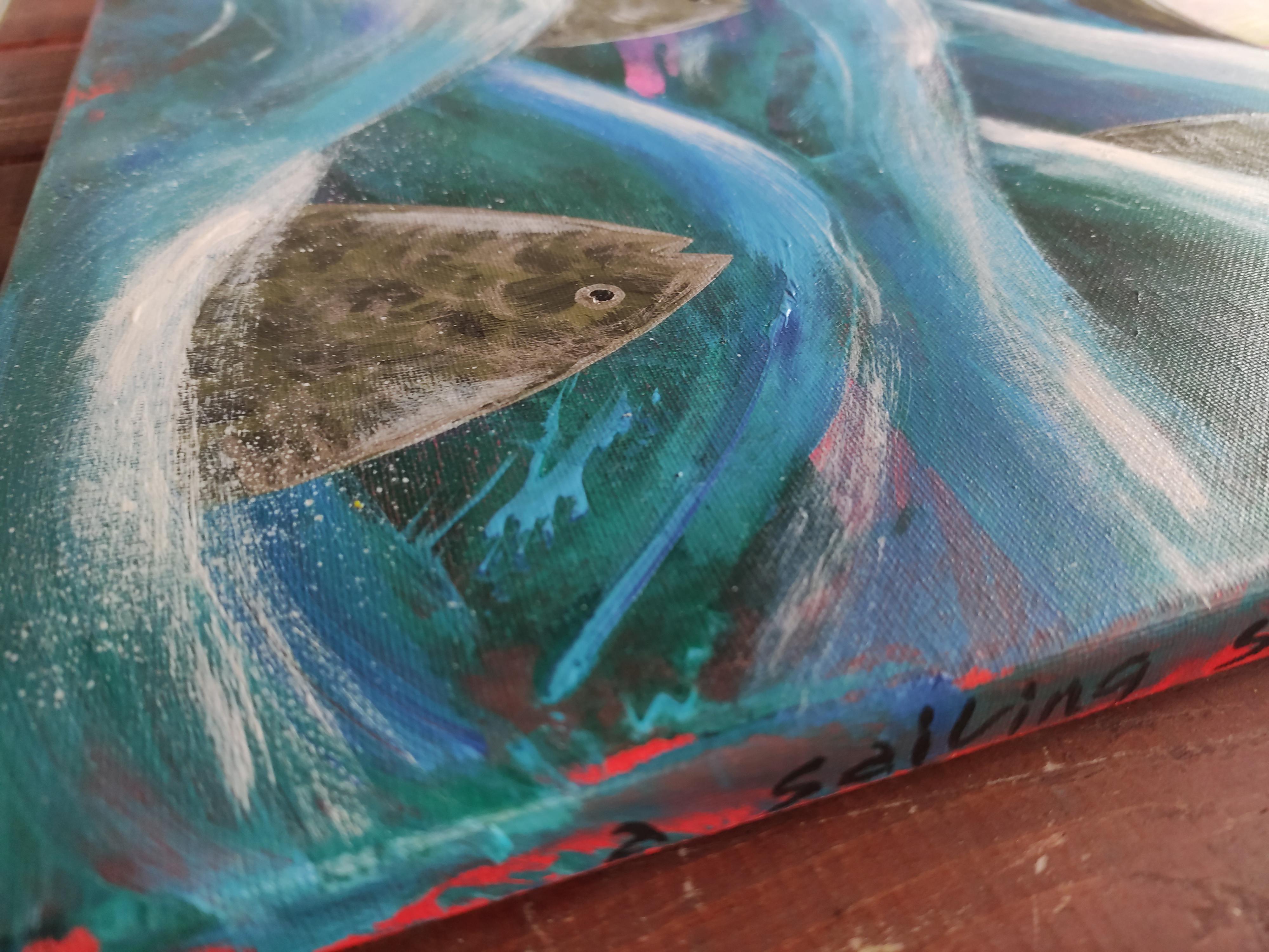 The sound of waves beckons to go on a voyage on a ship running through the waves. Courageous people face the winds!

This painting is a part of my series 
