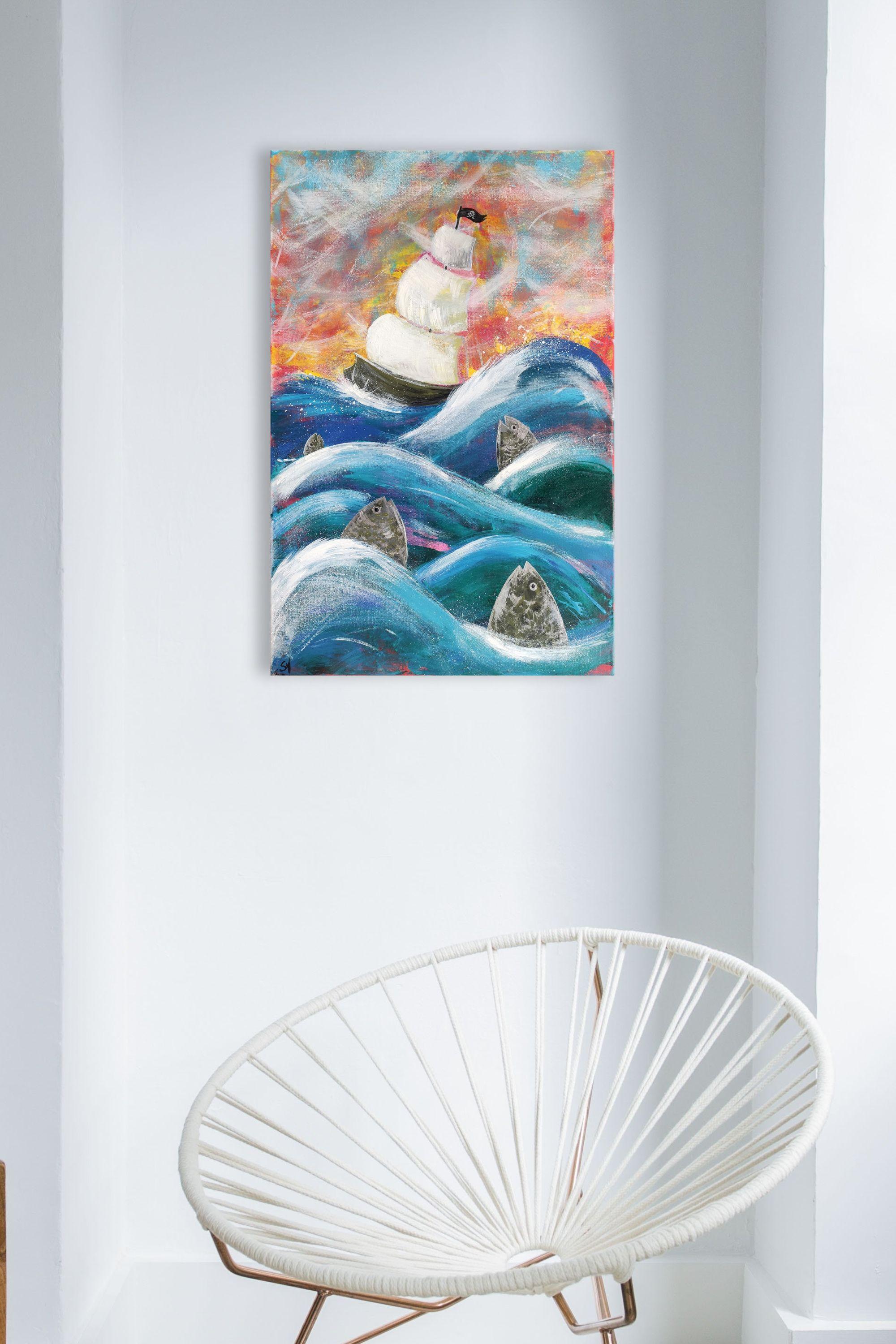 Sailing Ship and Fish. original painting For Sale 2
