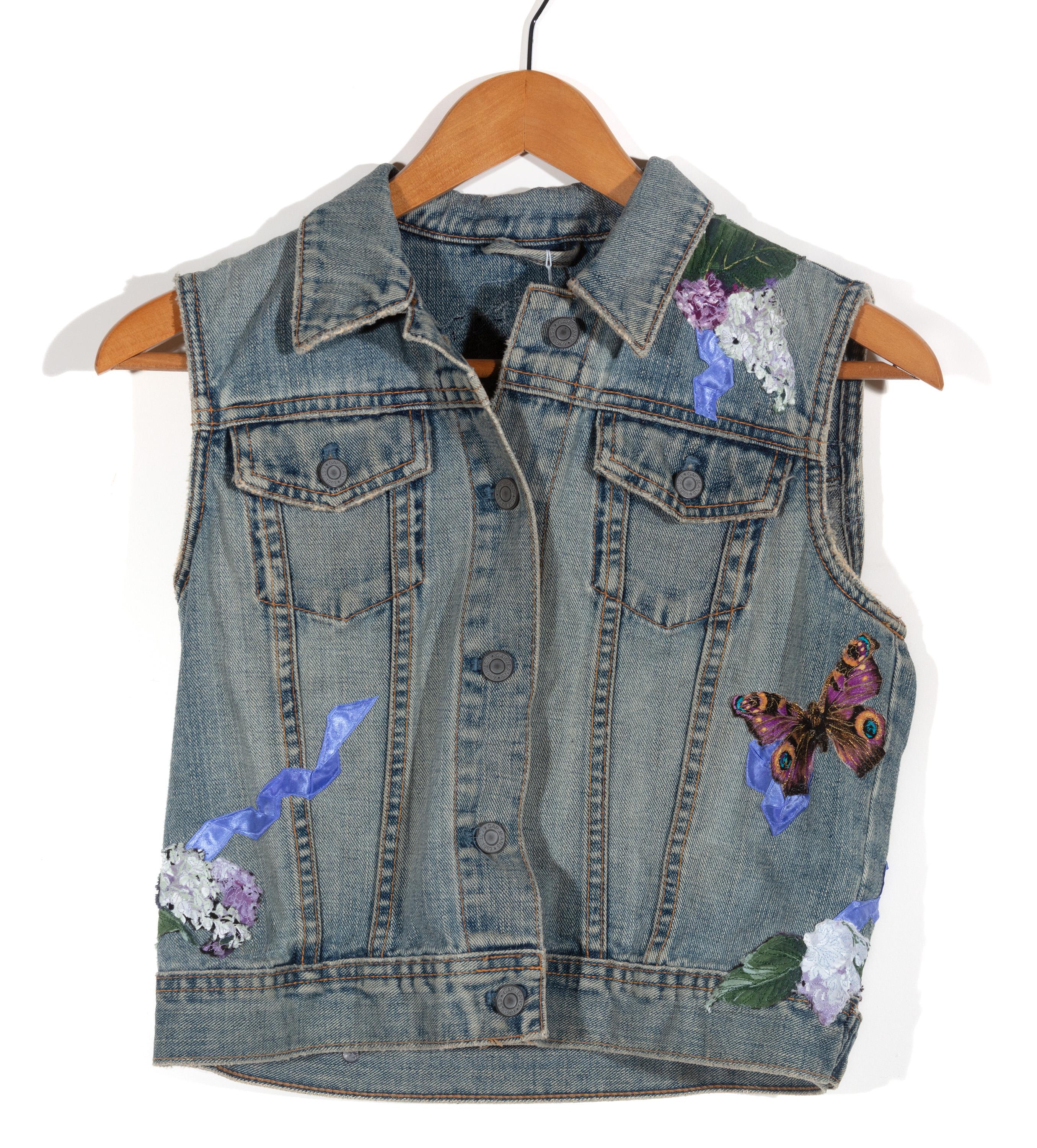'Child's Sleeveless Blue Jean Jacket' Original Mixed Media Textile - Contemporary Mixed Media Art by Stacy Wiatrak