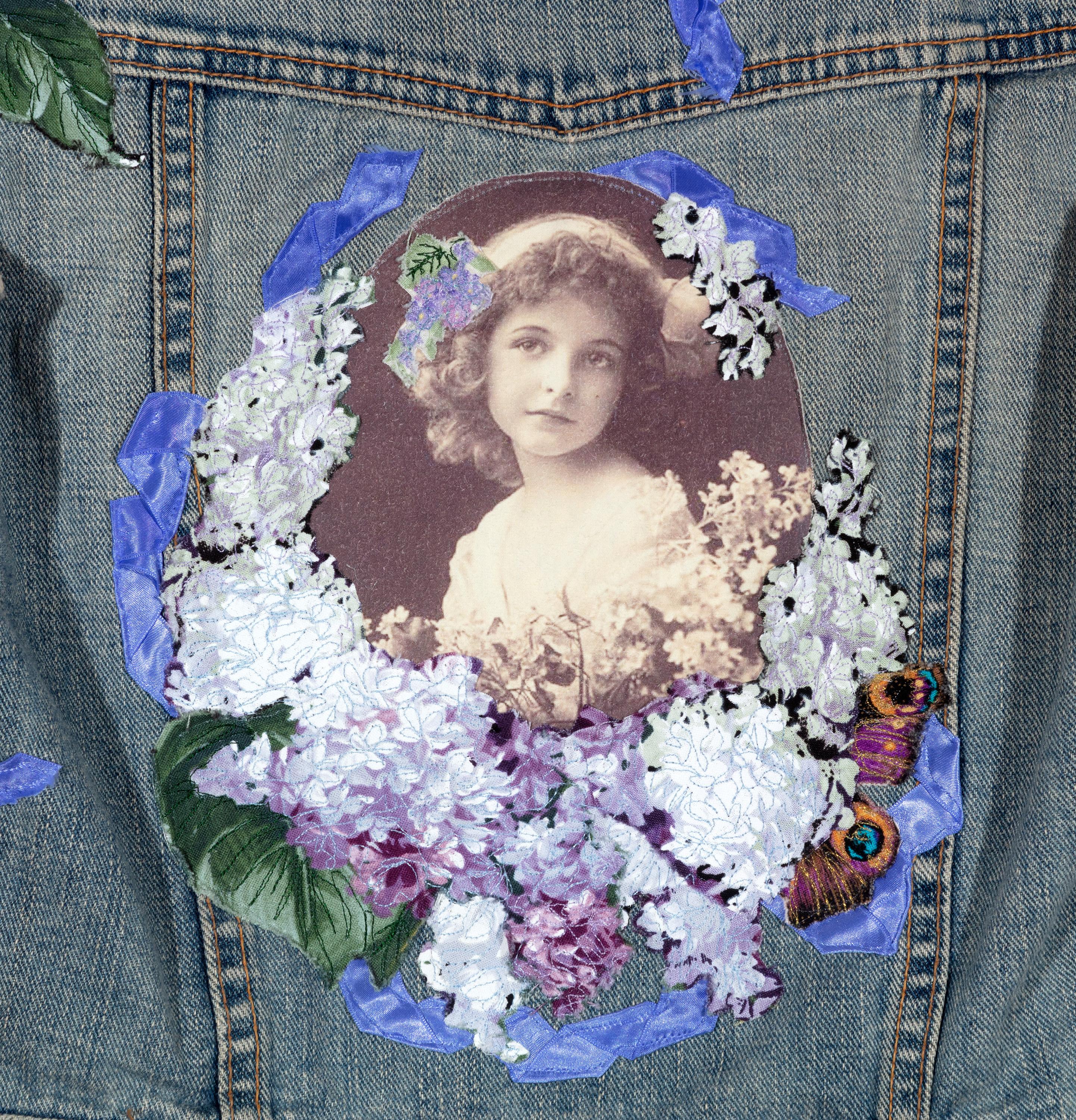 'Child's Sleeveless Blue Jean Jacket' Original Mixed Media Textile For Sale 2