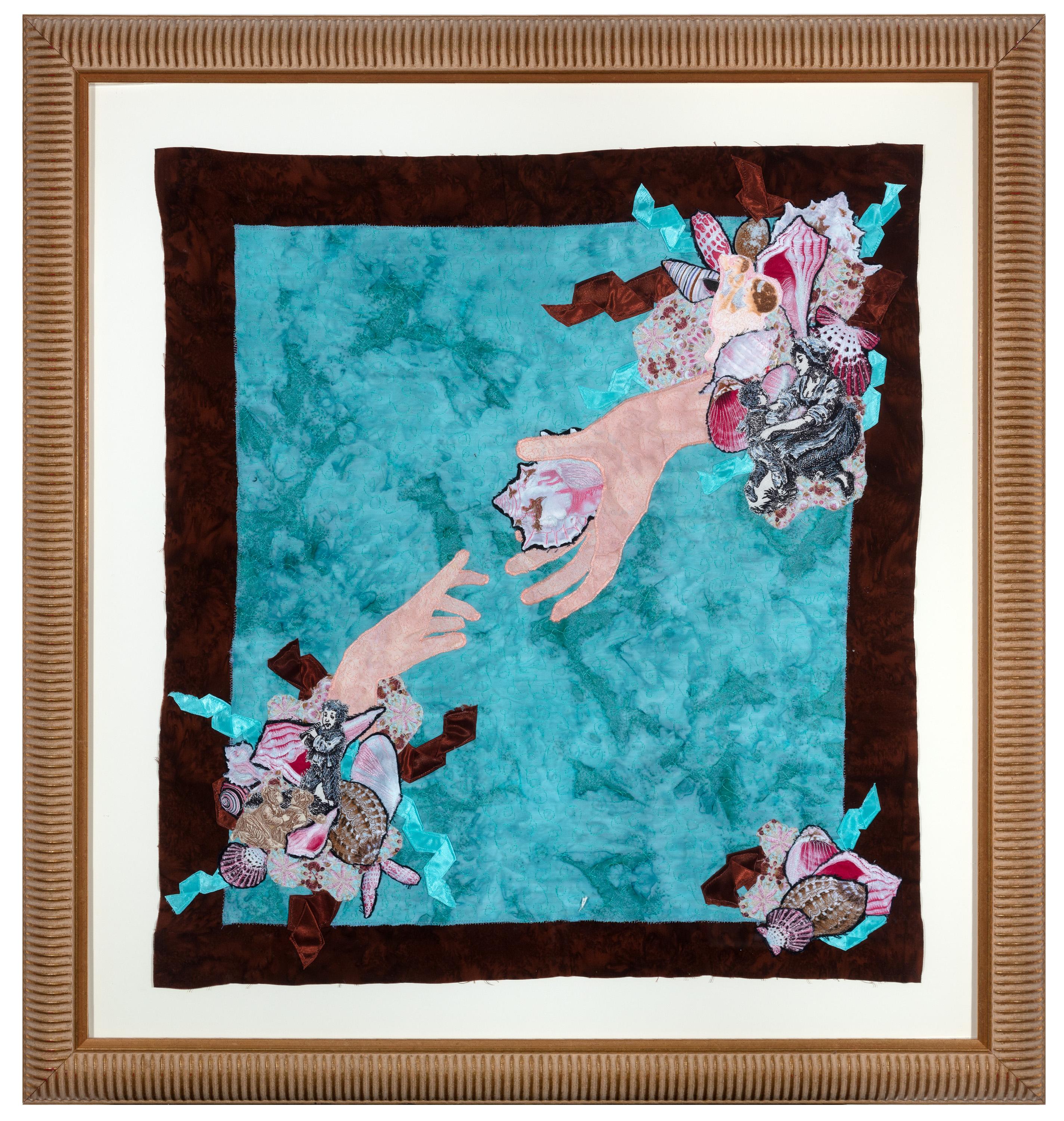 "Mother's Day (Hands & Seashells), " Mixed Media Textile, Signed - Mixed Media Art by Stacy Wiatrak
