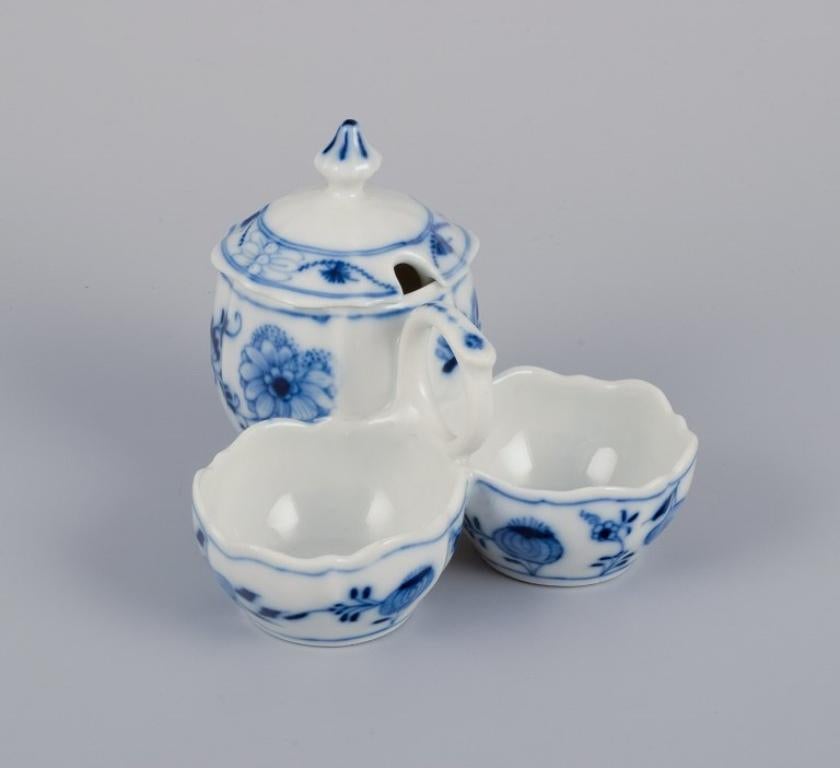 Hand-Painted Stadtmeissen, Germany. Three Blue Onion pattern plates and a condiment set.  For Sale