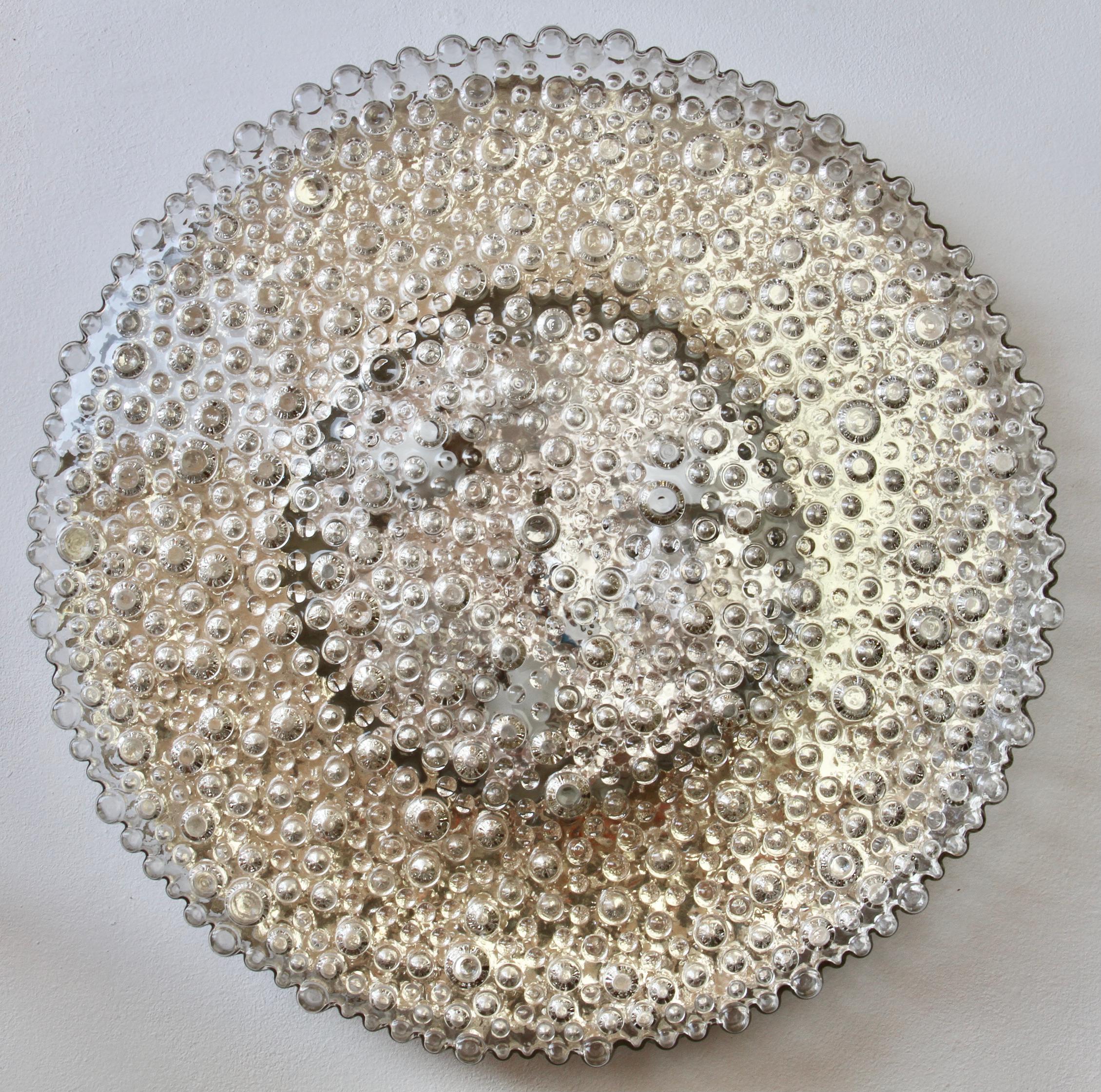 Mid-Century Modern Staff XL Large Organic Textured Clear Ice Crystal Glass Flush Mount, 1970s For Sale