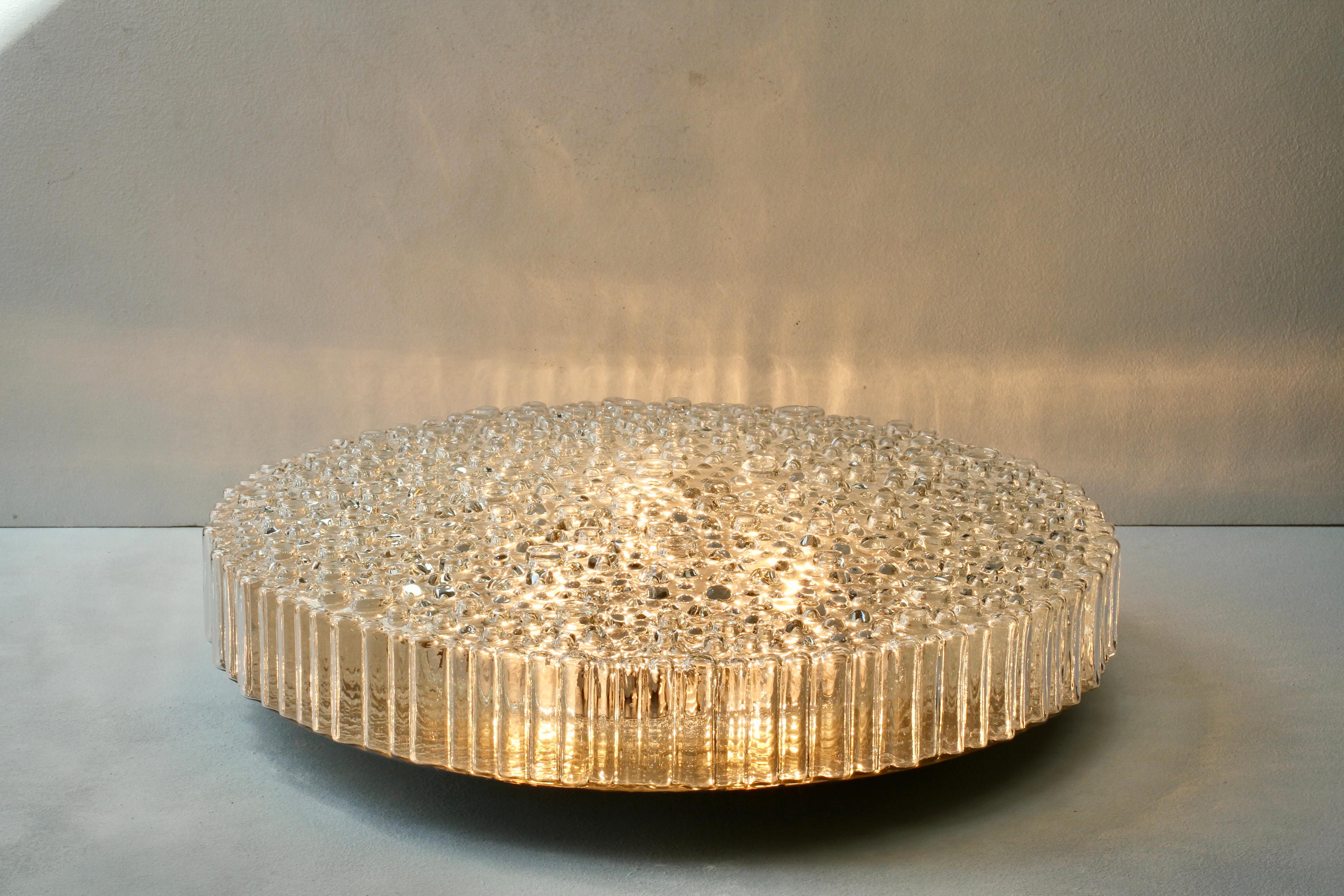 Blown Glass Staff XL Large Organic Textured Clear Ice Crystal Glass Flush Mount, 1970s For Sale