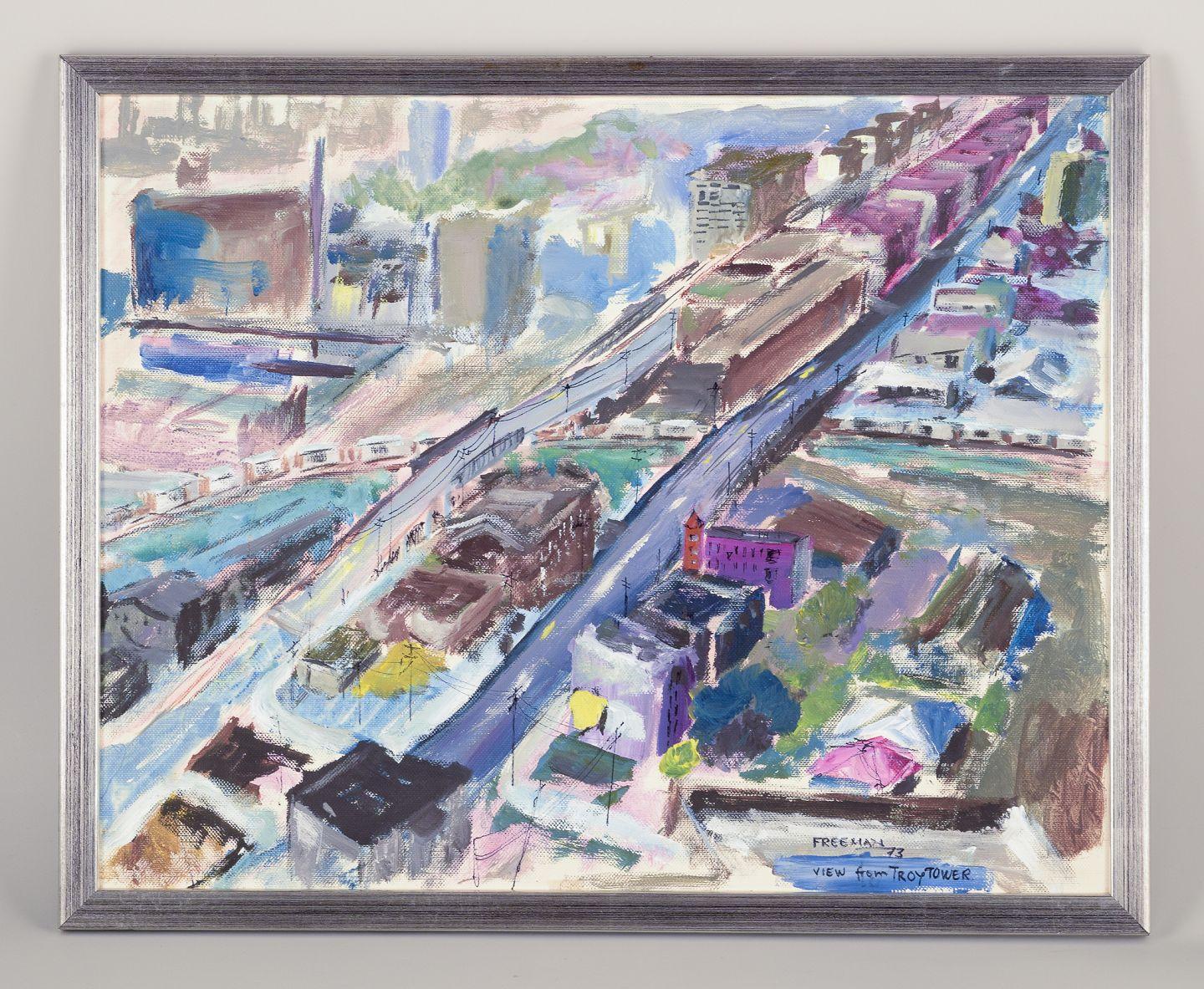 PRE-OWNED GOODS ARE EXEMPT FROM IMPORT TARIFFS FOR U.S., UK, AUSTRALIAN & CANADIAN CUSTOMERS.   
THEREFORE, NO IMPORT TARIFFS WILL BE APPLICABLE TO YOUR PURCHASE. 

Staffan Freeman, Swedish painter. 
Oil on board.
‘View from Troy Tower’ Urban